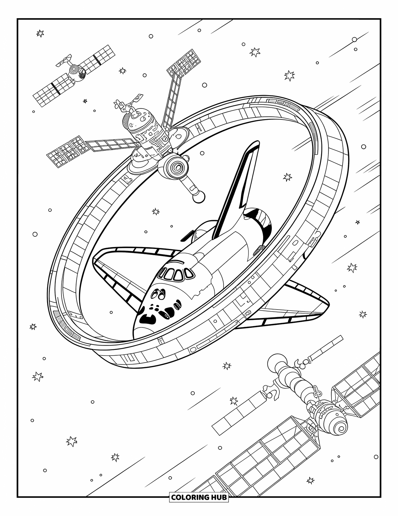 Outer Space Coloring Page for Kids: A space shuttle approaches a large ring-shaped space station surrounded by stars