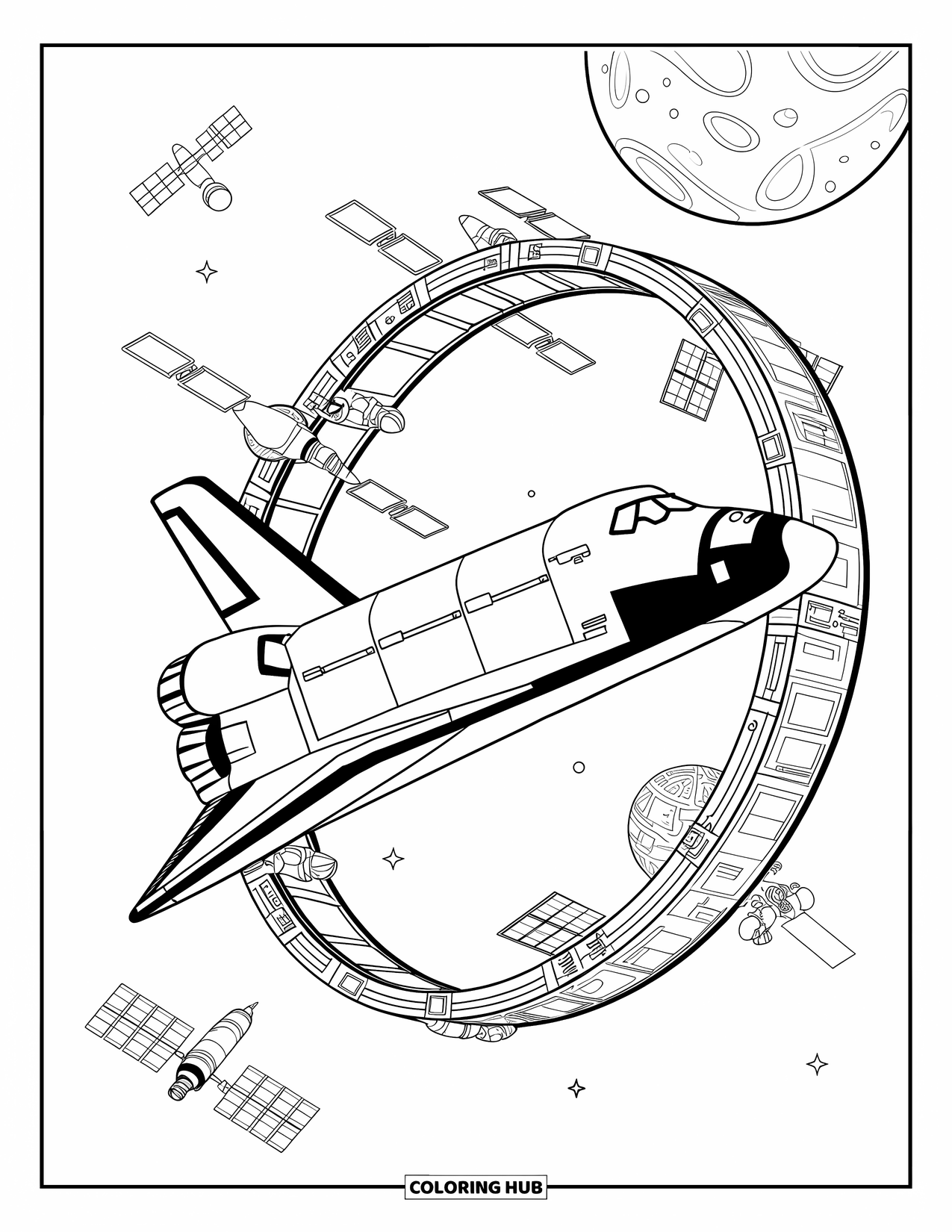 Outer Space Coloring Page for Kids: A space shuttle glides through space toward a sleek ring-shaped station and orbiting satellites