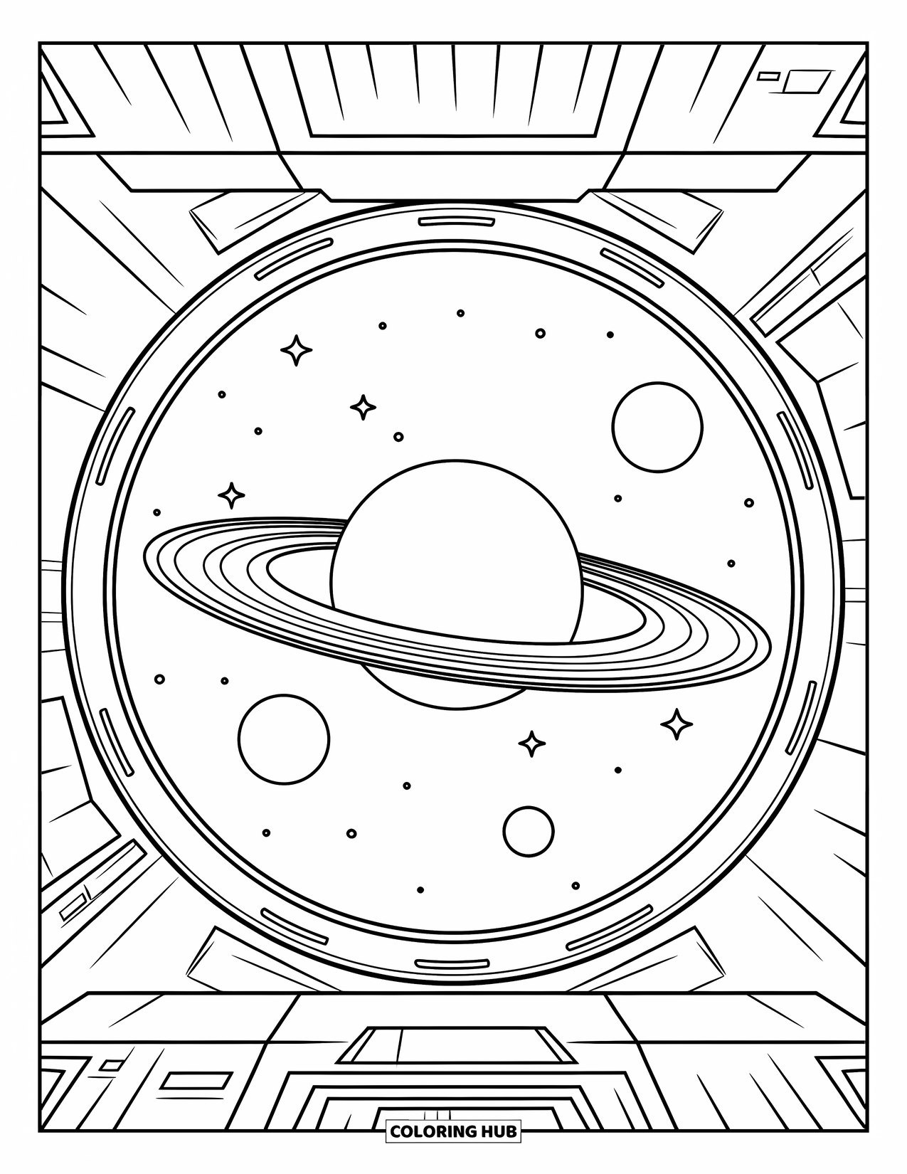 Outer Space Coloring Page for Kids: A spaceship view of Saturn's rings and moons floating in the open space beyond