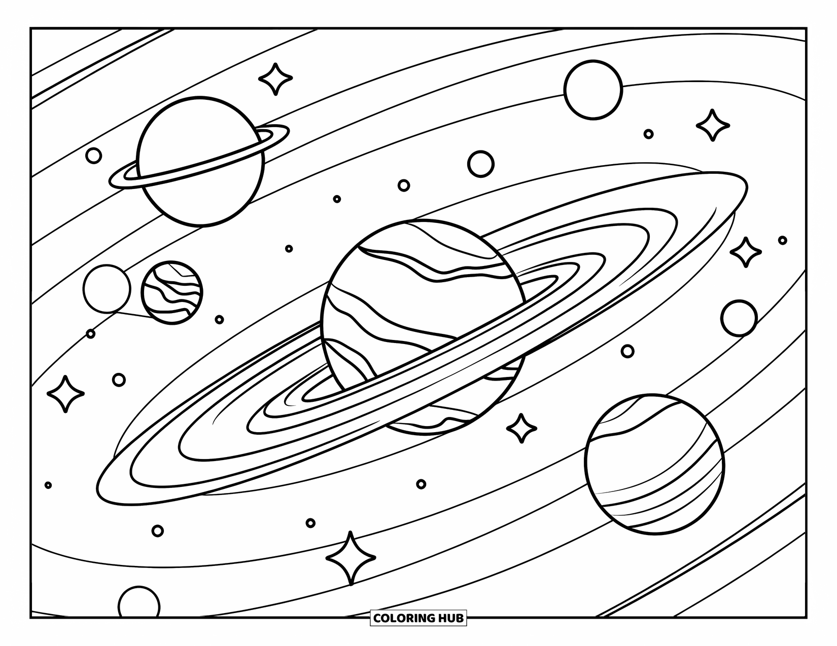 Outer Space Coloring Page for Kids: A stylized solar system with eight planets and swirling energy rings around them