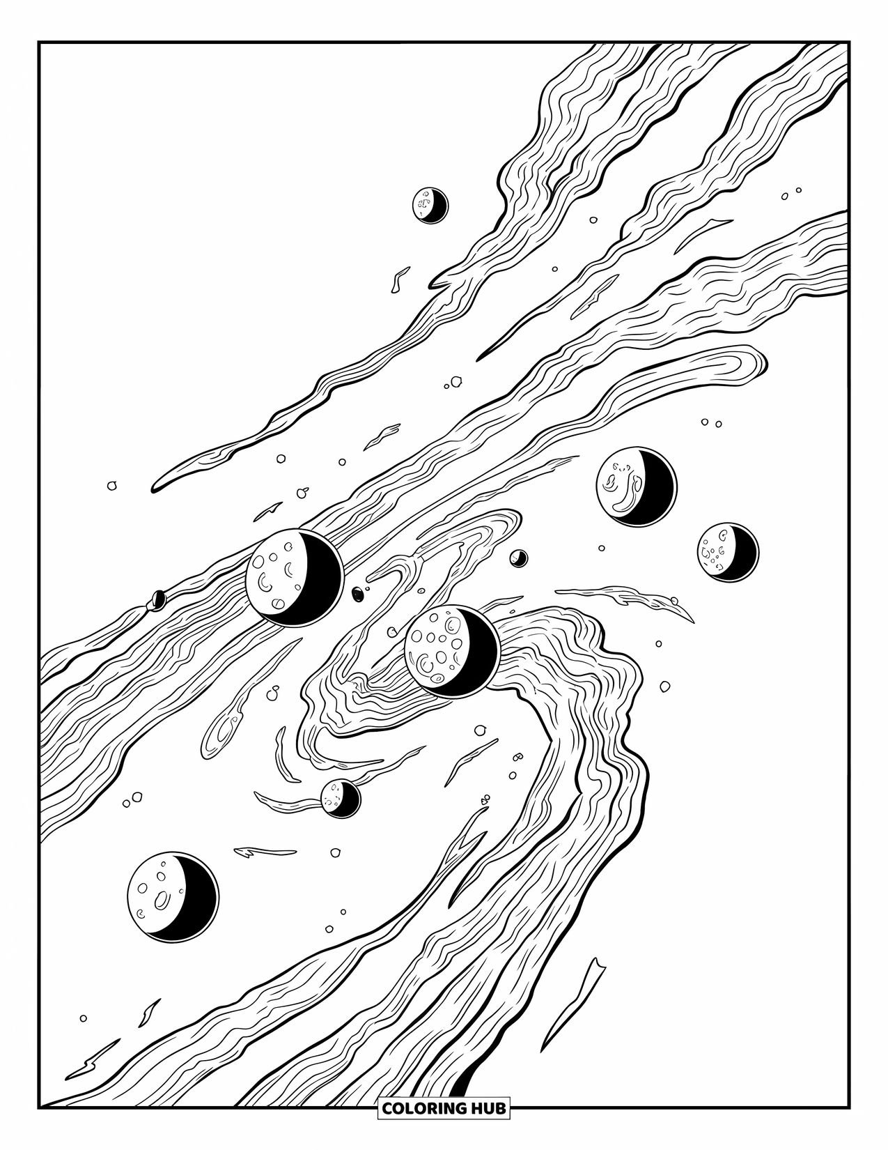 Outer Space Coloring Page for Kids: A swirling nebula filled with planets of different sizes and textured cosmic patterns