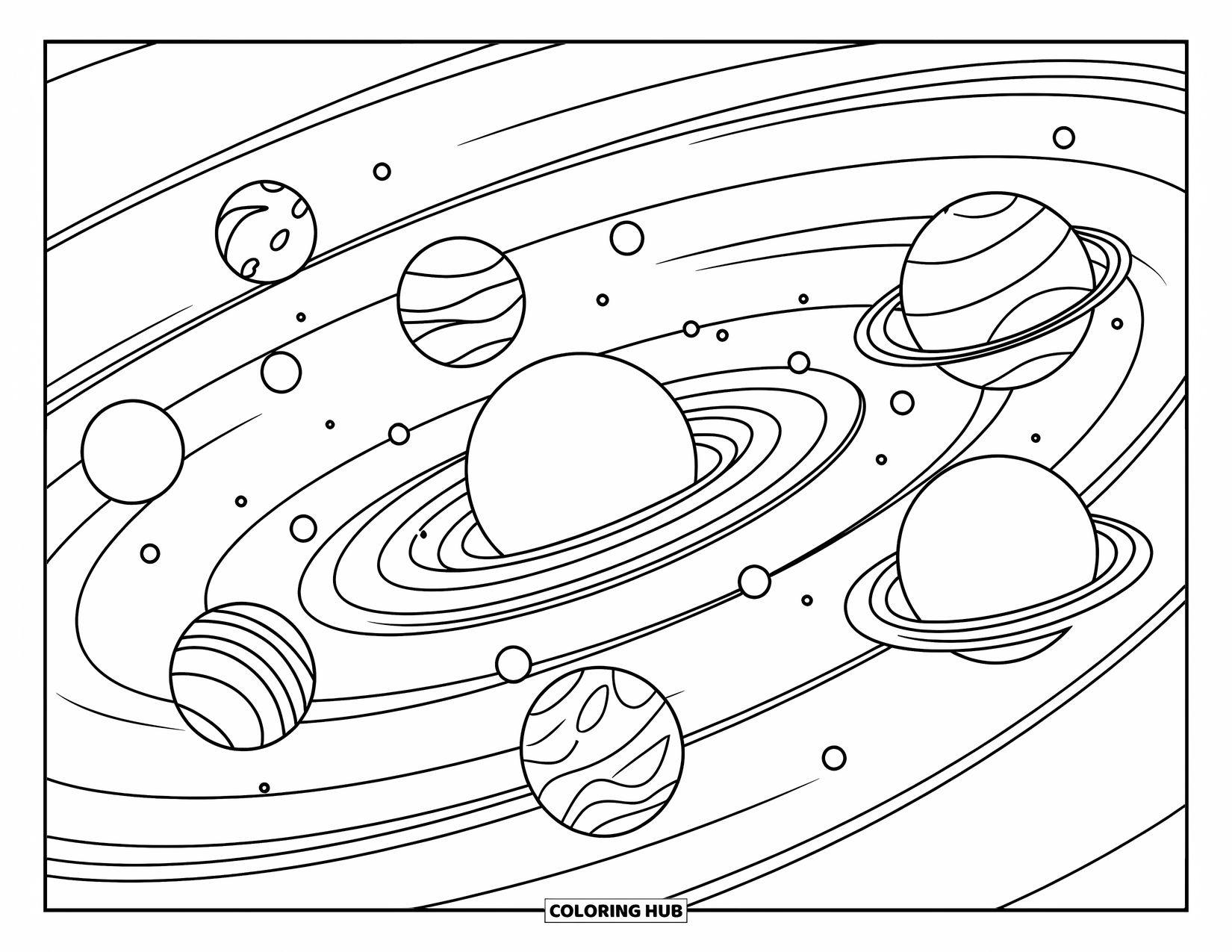 Outer Space Coloring Page for Kids: A swirling solar system with eight planets and a bright sun surrounded by cosmic patterns