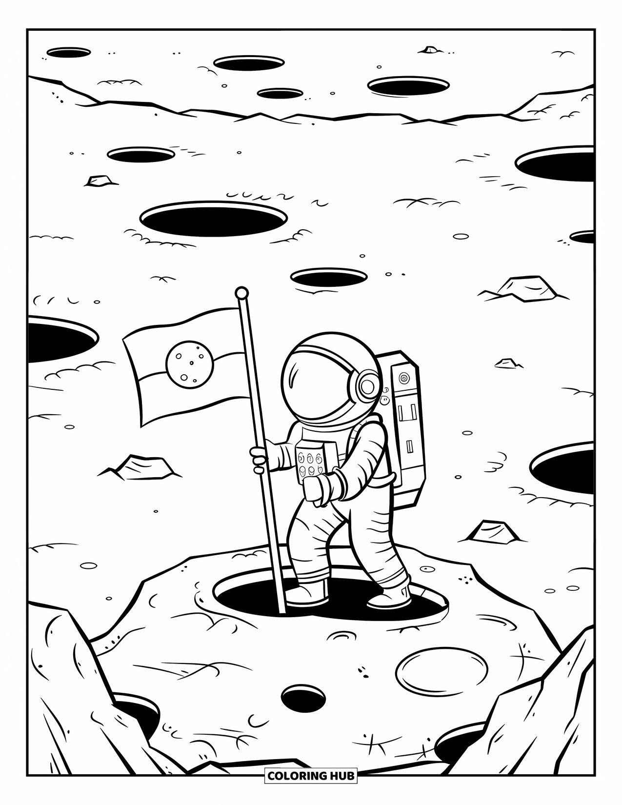 Outer Space Coloring Page for Kids: An astronaut in a helmet plants a flag on a cratered moon surrounded by large rocks