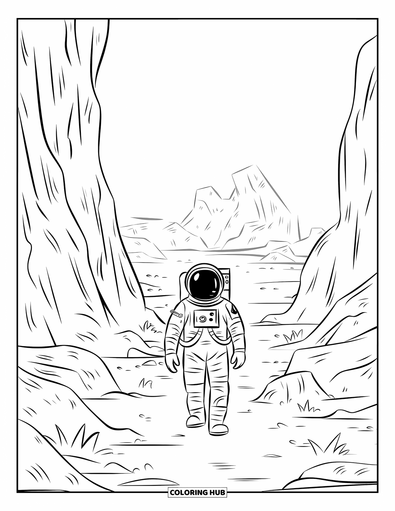 Outer Space Coloring Page for Kids: An astronaut in a spacesuit explores a rocky canyon surrounded by distant mountains