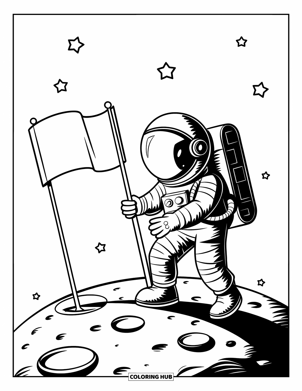 Outer Space Coloring Page for Kids: An astronaut plants a flag on the cratered surface of the moon under a starry sky