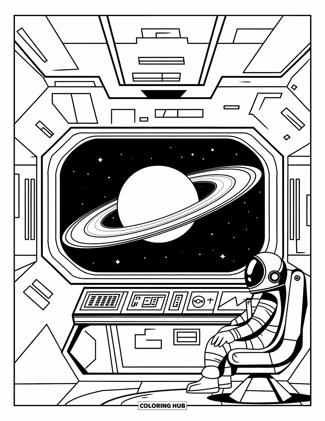 Outer Space Coloring Page for Kids: An astronaut sits inside a spaceship, gazing at Saturn's rings through a round window