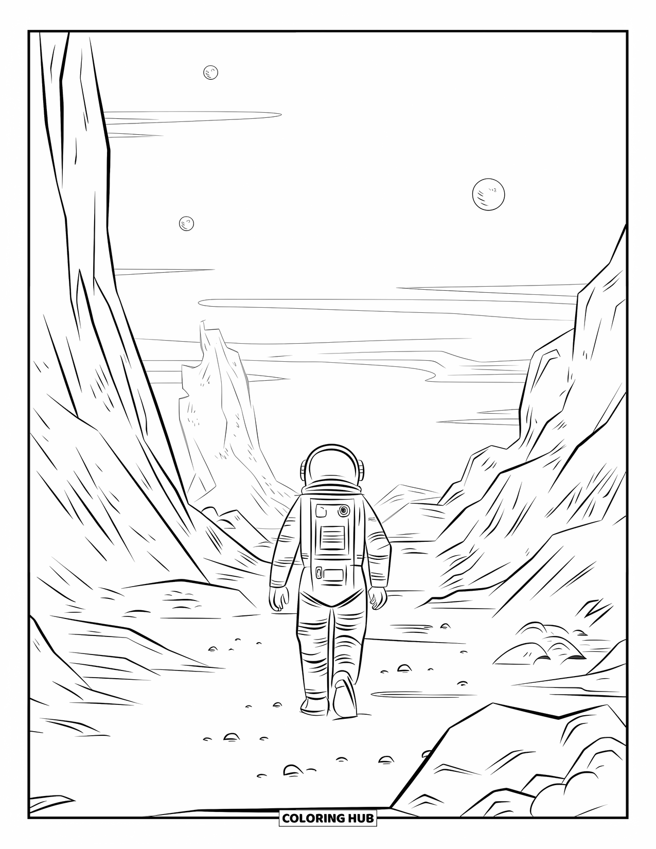 Outer Space Coloring Page for Kids: An astronaut with a backpack walks across rocky terrain under a sky of floating orbs
