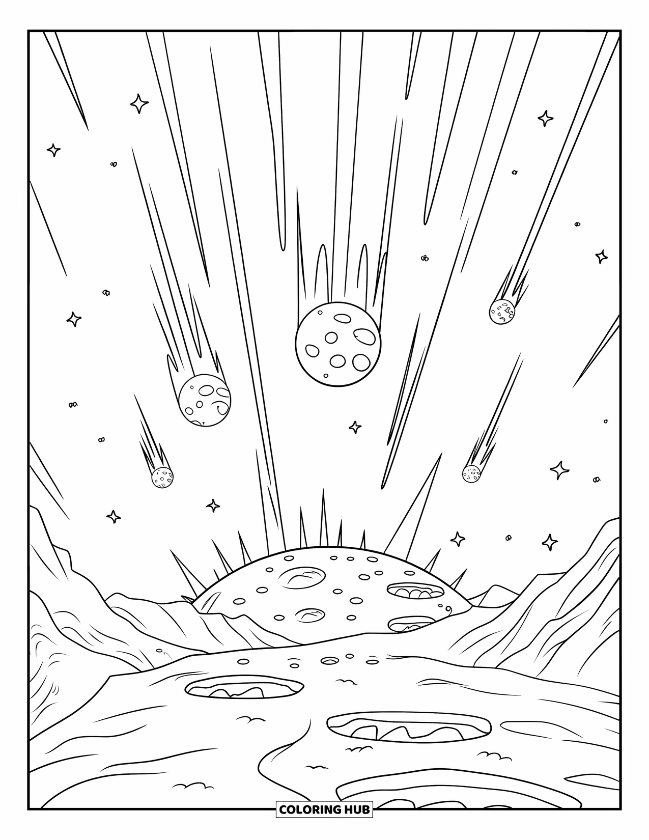 Outer Space Coloring Page for Kids: Meteors of all sizes fall toward a rocky planet dotted with mountains and craters
