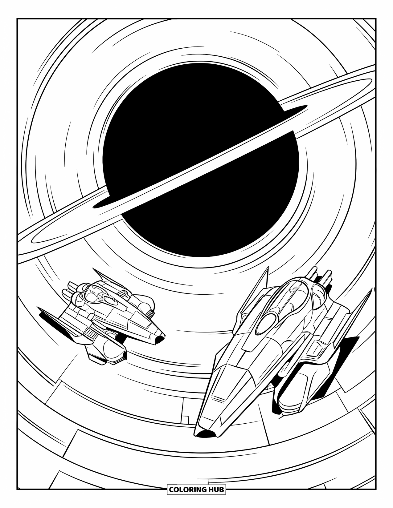 Outer Space Coloring Page for Kids: Two small fighters fly past a bright-ringed black hole surrounded by a starry sky