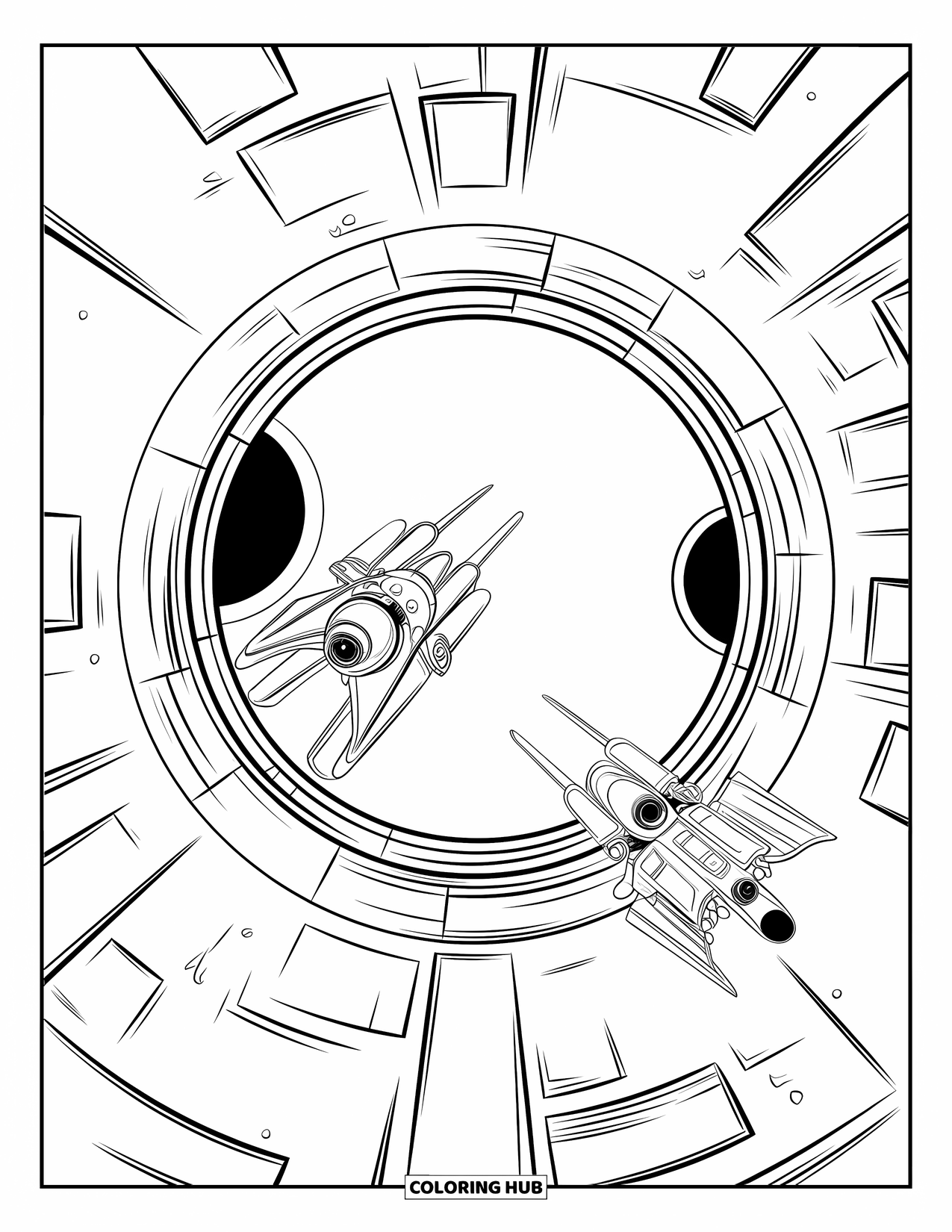 Outer Space Coloring Page for Kids: Two small fighters race near a swirling black hole in a dynamic space battle scene