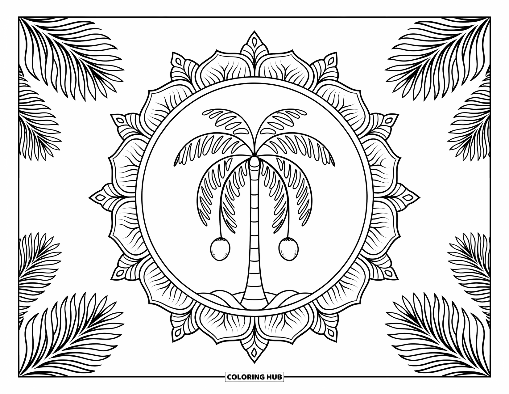 Palm Tree Coloring Page for Adults: Coconut palm at the center of a full mandala design with a decorative border
