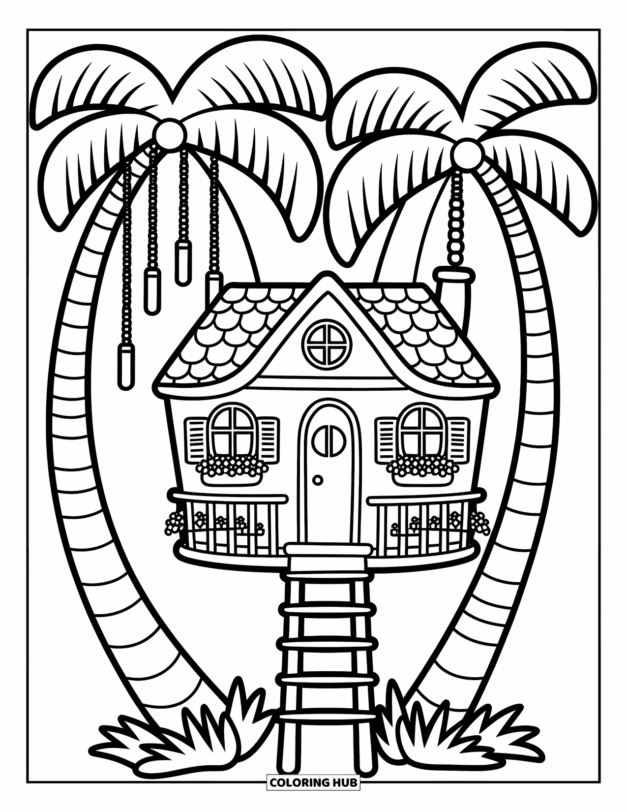 Palm Tree Coloring Page for Adults: Cute treehouse in palm trees with flowers, a ladder, and gentle wind chimes