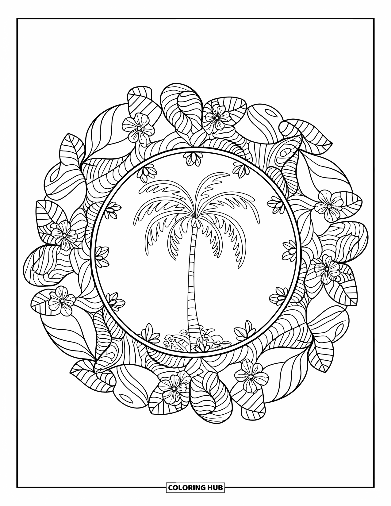 Palm Tree Coloring Page for Adults: Elegant palm tree surrounded by a tropical leaf and floral mandala