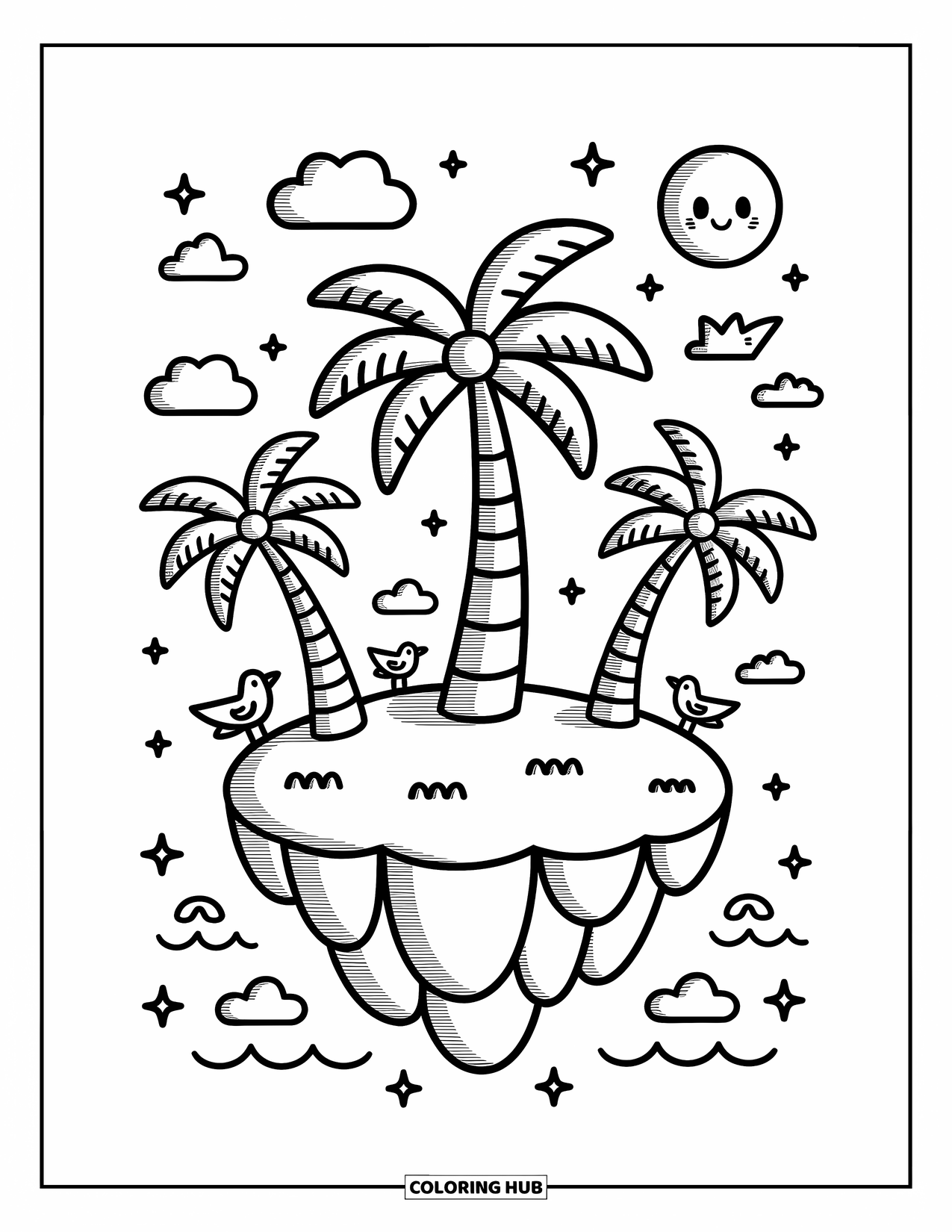 Palm Tree Coloring Page for Adults: Floating island with palm trees, smiley seagulls, and gentle ocean waves