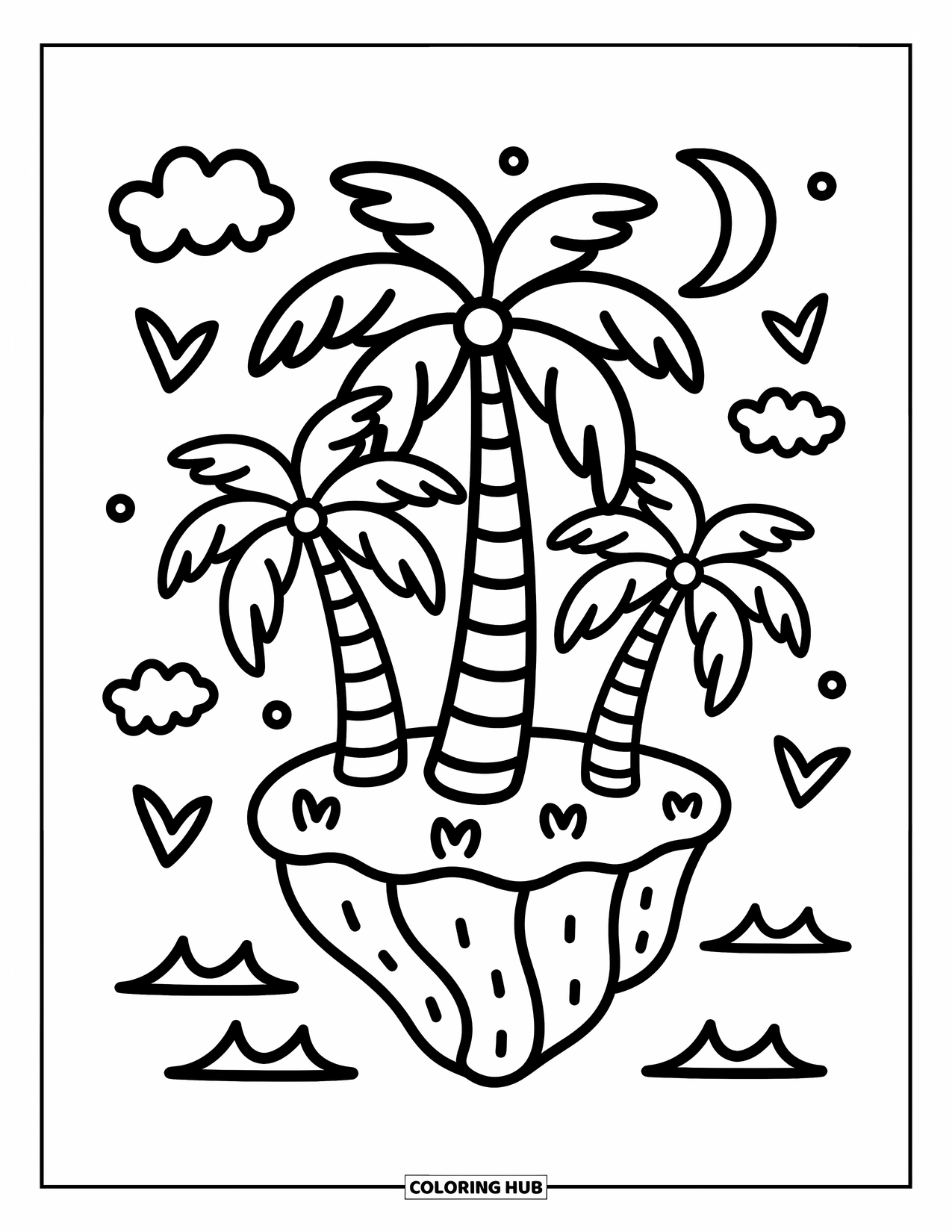 Palm Tree Coloring Page for Adults: Floating island with three palm trees, fluffy clouds, and smiling seagulls