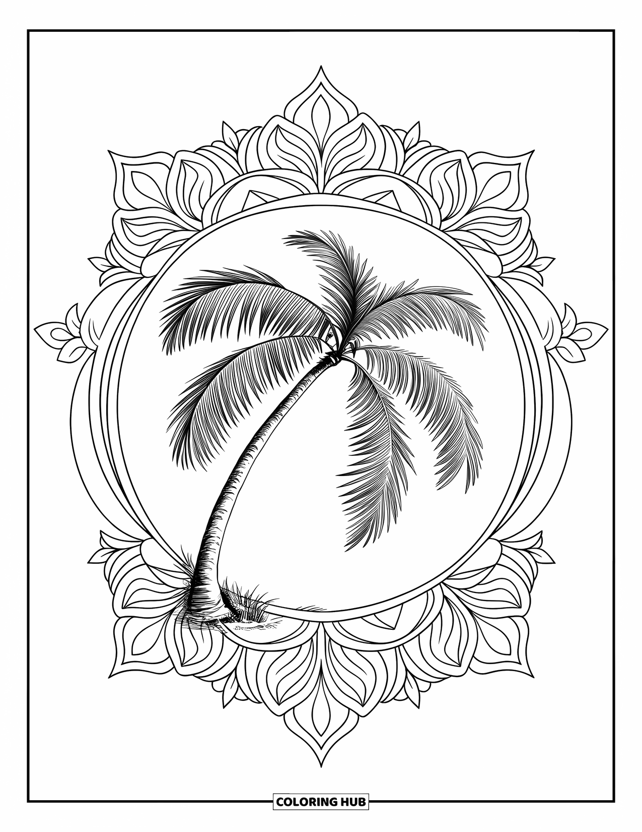 Palm Tree Coloring Page for Adults: Graceful palm tree surrounded by symmetrical floral mandalas