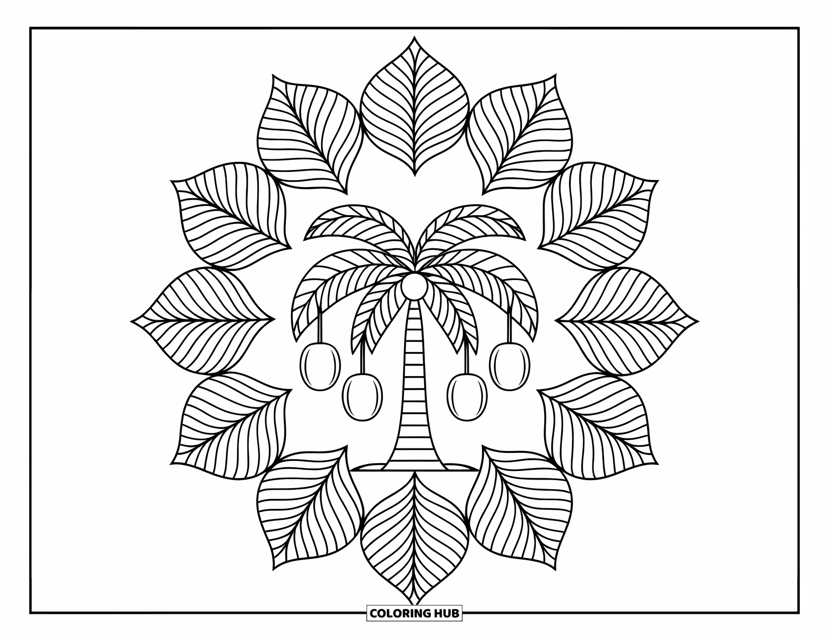 Palm Tree Coloring Page for Adults: Mandala of palm leaves circles a coconut tree on a white background