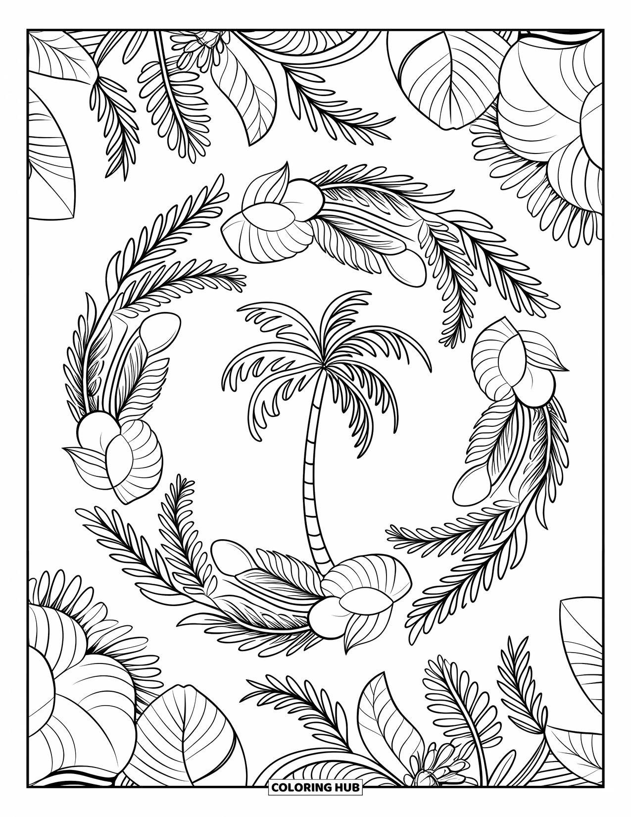 Palm Tree Coloring Page for Adults: Palm tree framed by a botanical mandala filled with intricate tropical designs