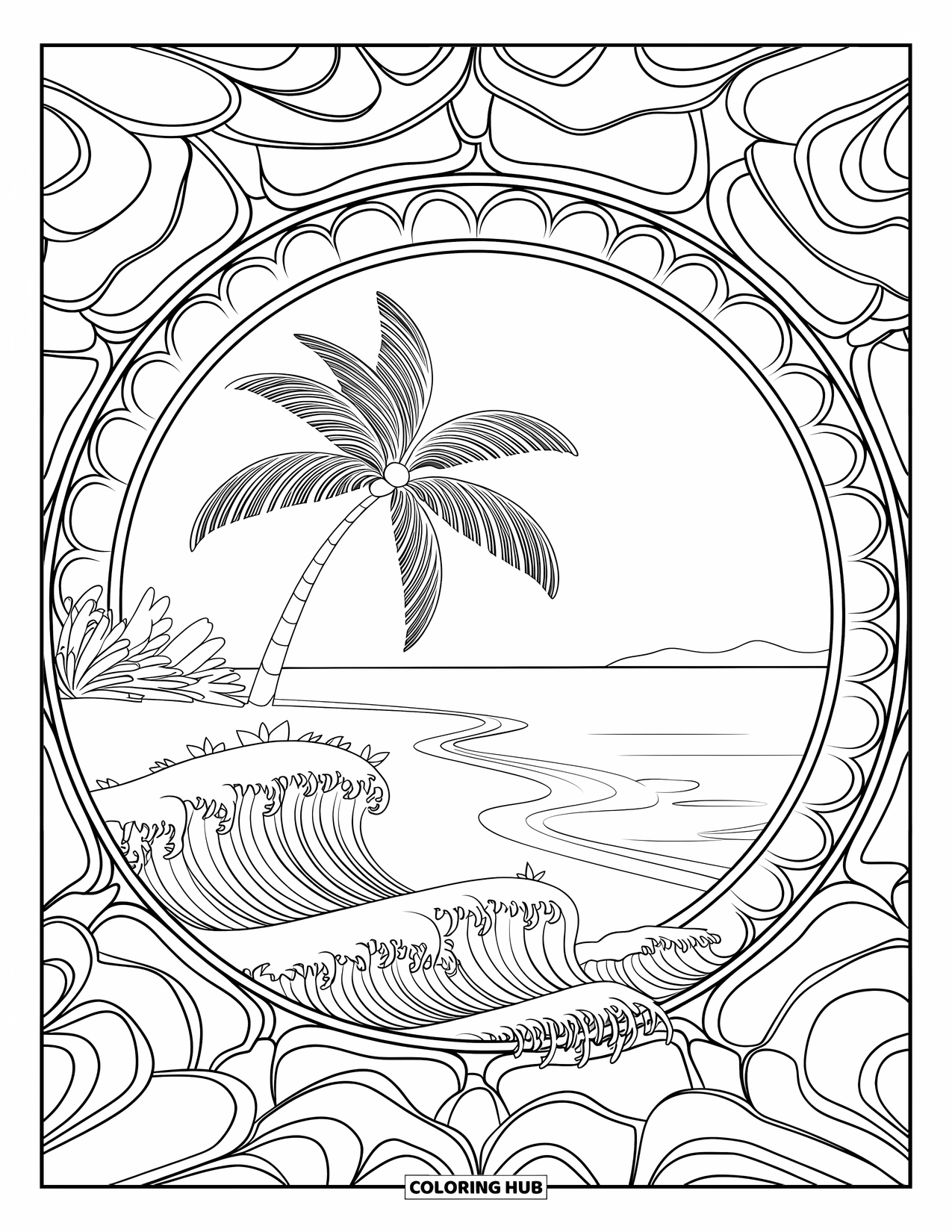 Palm Tree Coloring Page for Adults: Palm tree in the center of layered mandala waves and petals