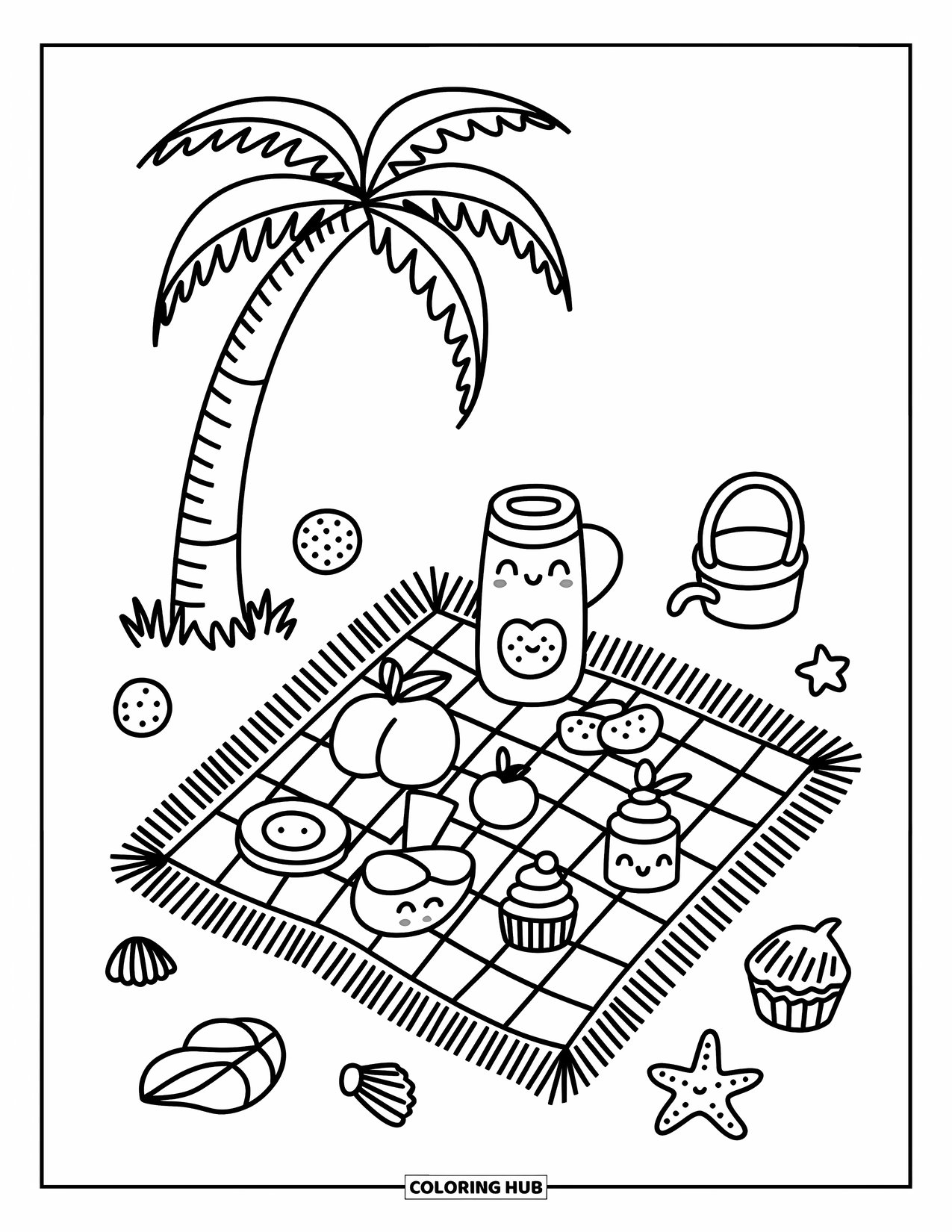Palm Tree Coloring Page for Adults: Palm tree over a picnic blanket with cute snacks and playful beach items
