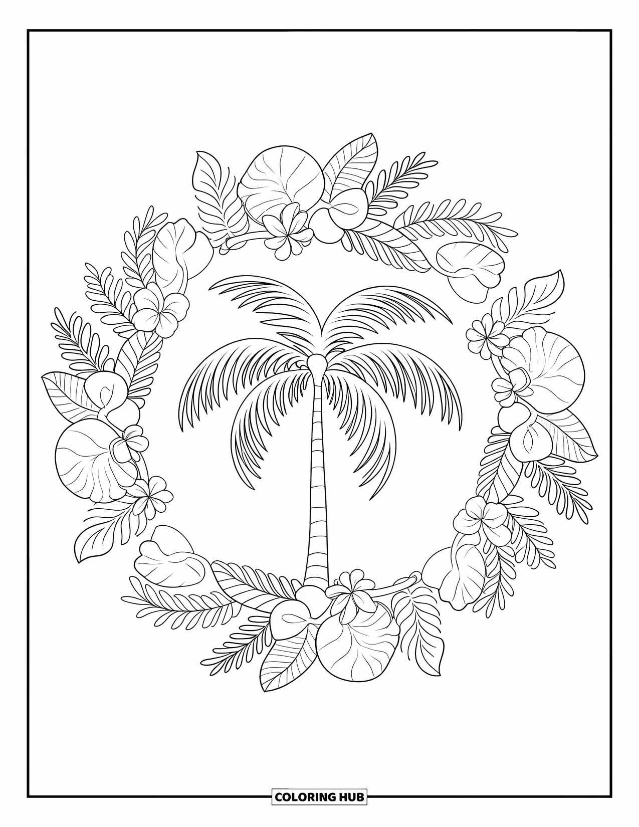 Palm Tree Coloring Page for Adults: Palm tree surrounded by a circular mandala of leaves and flowers