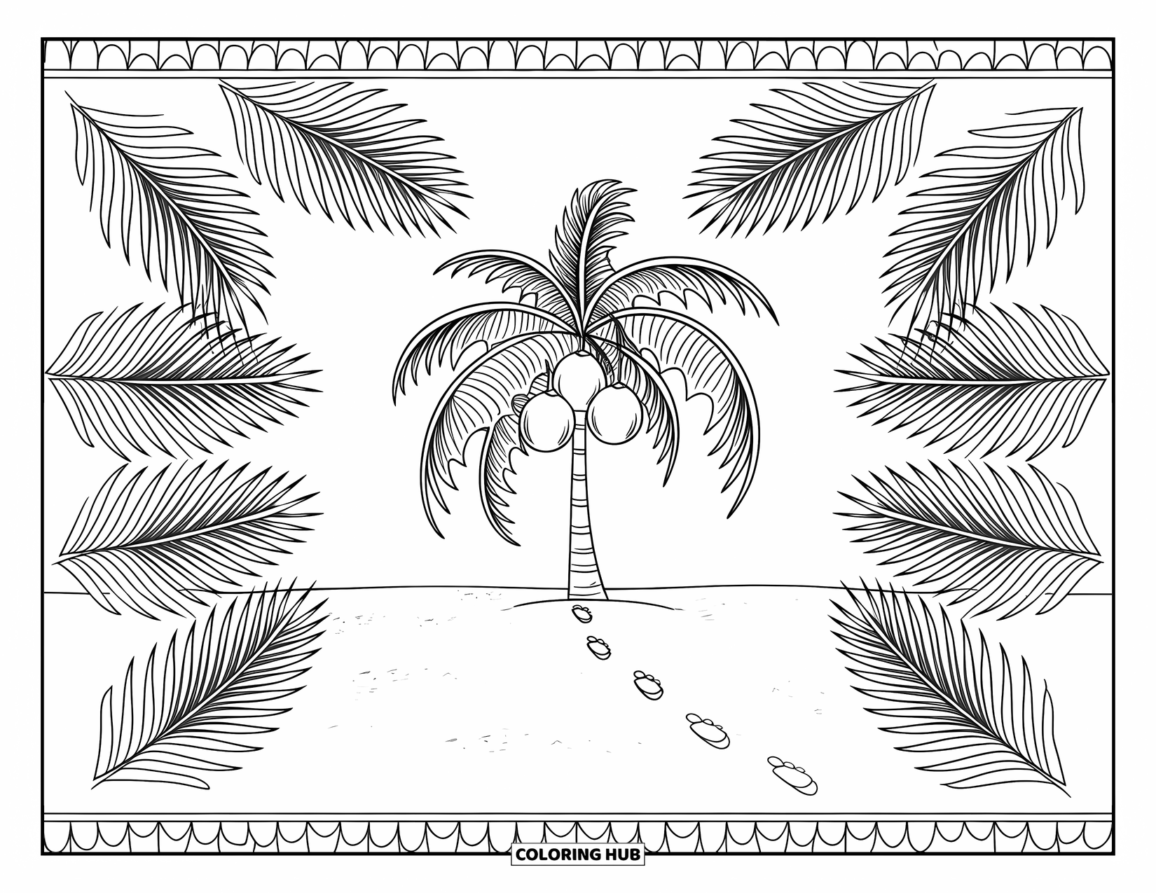 Palm Tree Coloring Page for Adults: Palm tree with coconuts surrounded by palm-leaf mandalas and beach footprints