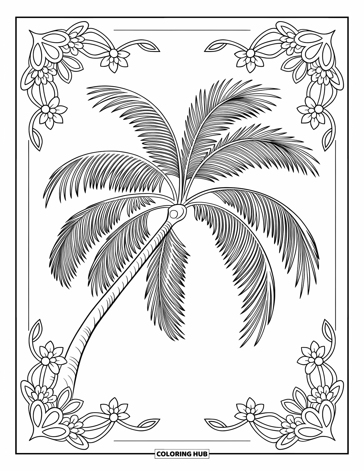 Palm Tree Coloring Page for Adults: Palm tree with drooping fronds framed by floral mandala designs