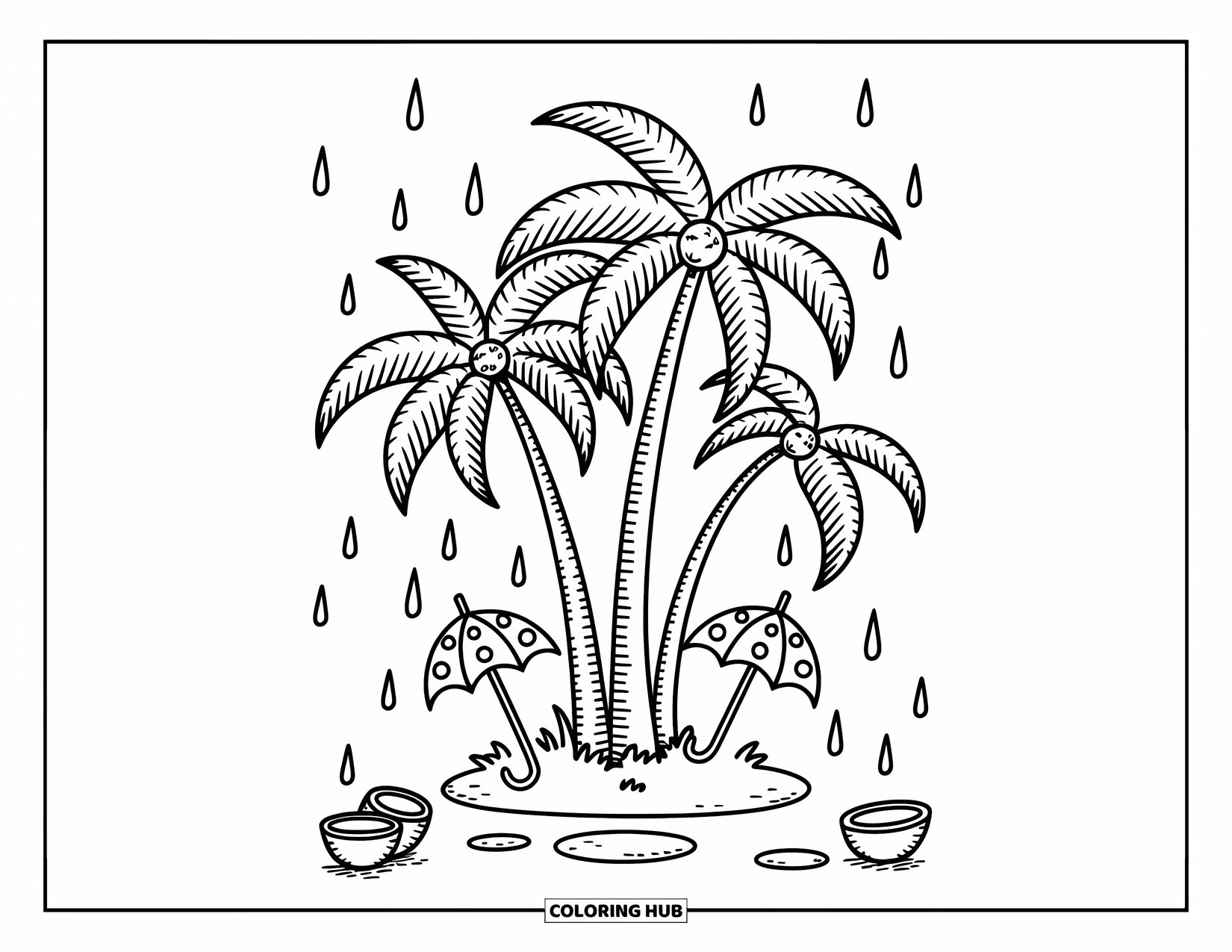 Palm Tree Coloring Page for Adults: Palm trees in the rain with tiny umbrellas and coconuts catching drops