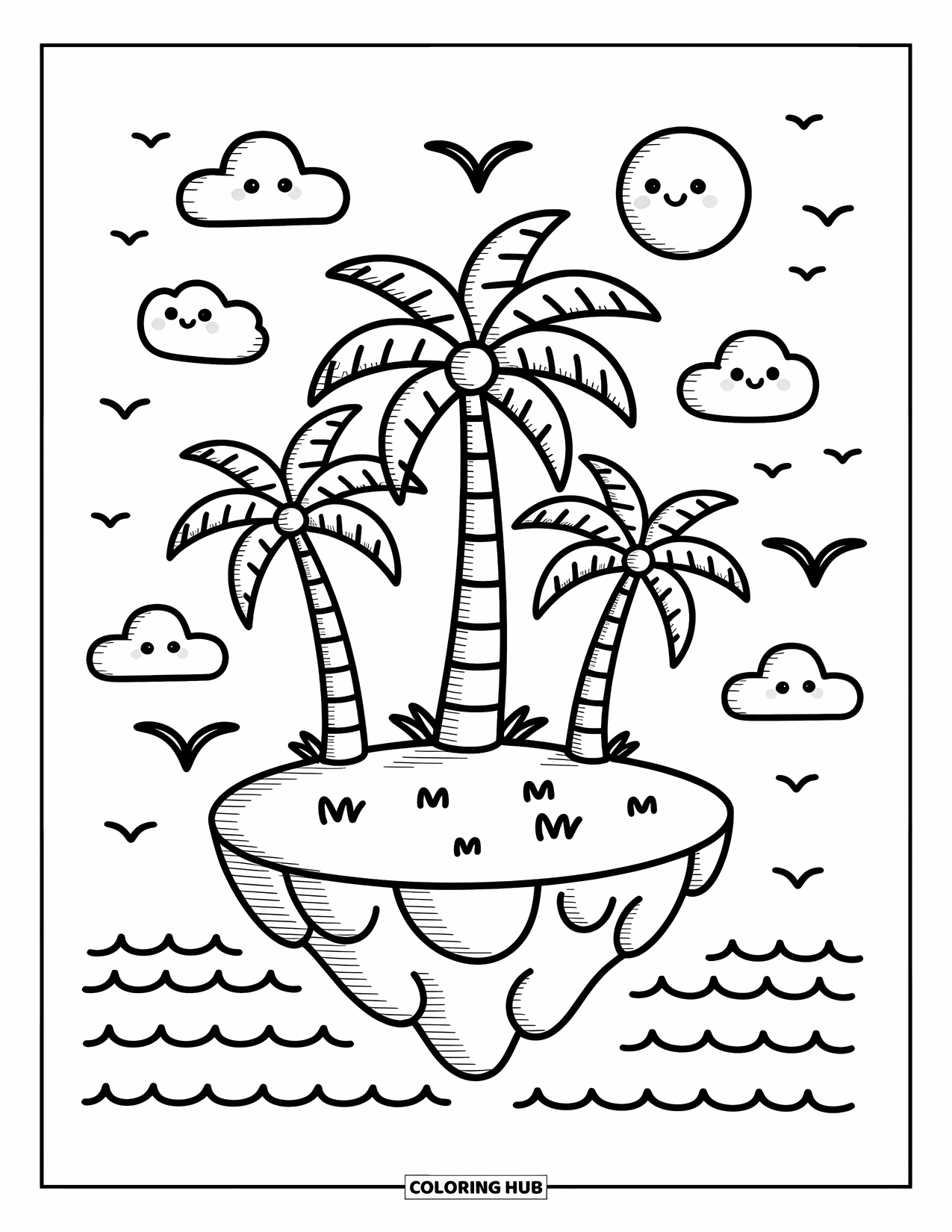 Palm Tree Coloring Page for Adults: Palm trees on a floating island with waves, clouds, and cheerful birds