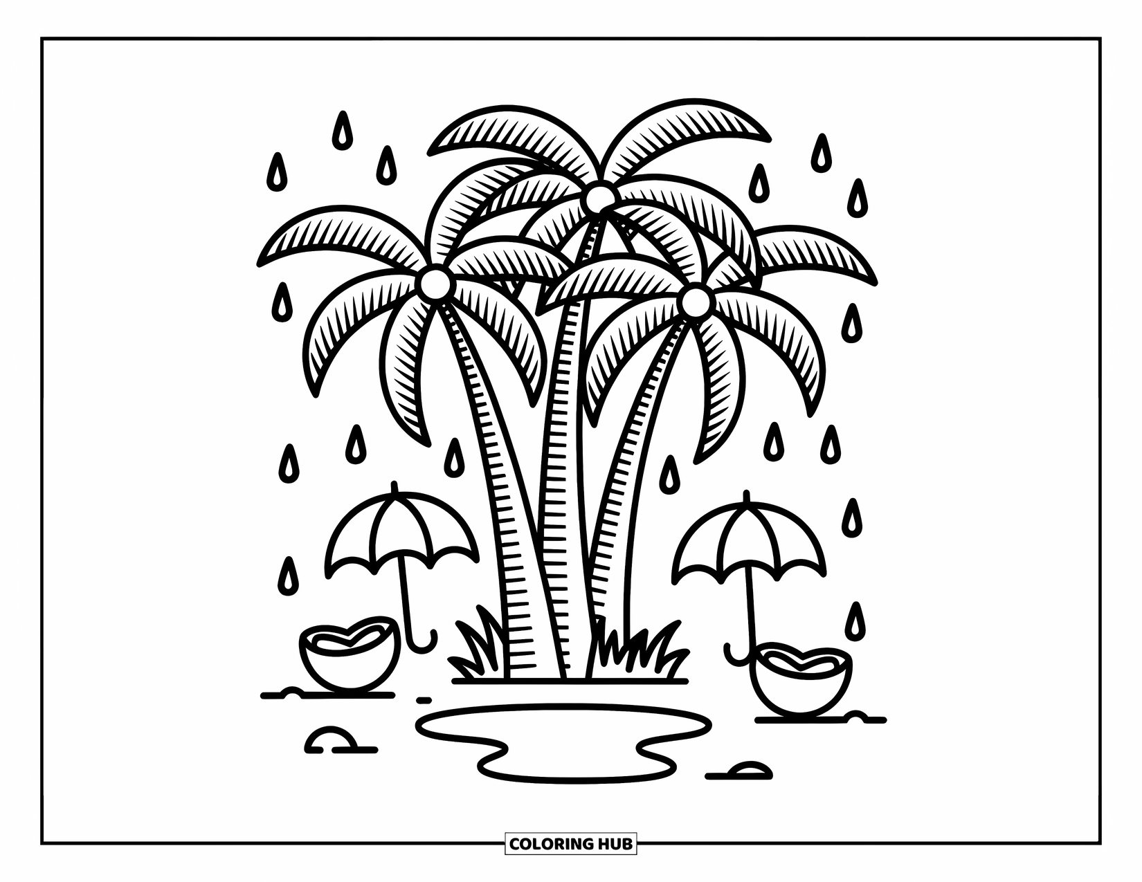 Palm Tree Coloring Page for Adults: Raindrops fall on palm trees, umbrellas, and coconuts in a cozy rainy scene