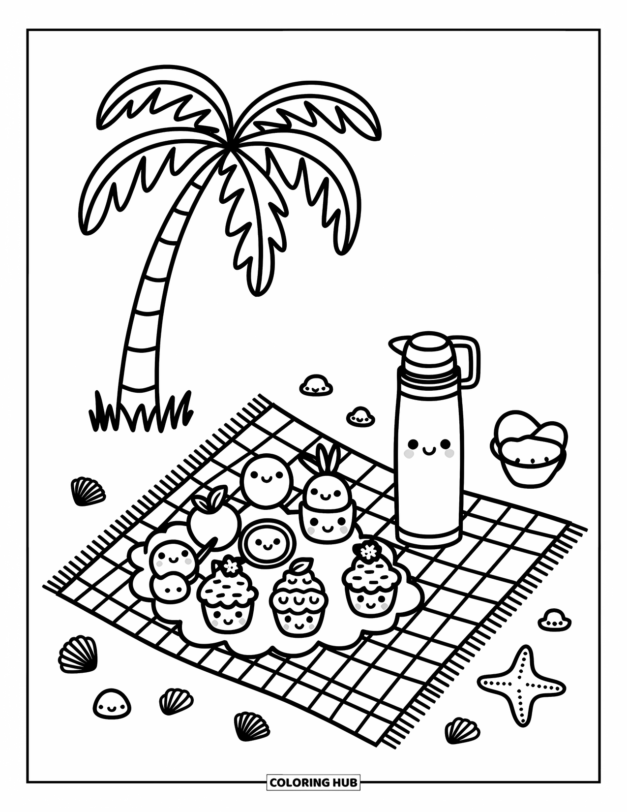 Palm Tree Coloring Page for Adults: Shady palm tree over a picnic with happy cupcakes and a sleepy starfish