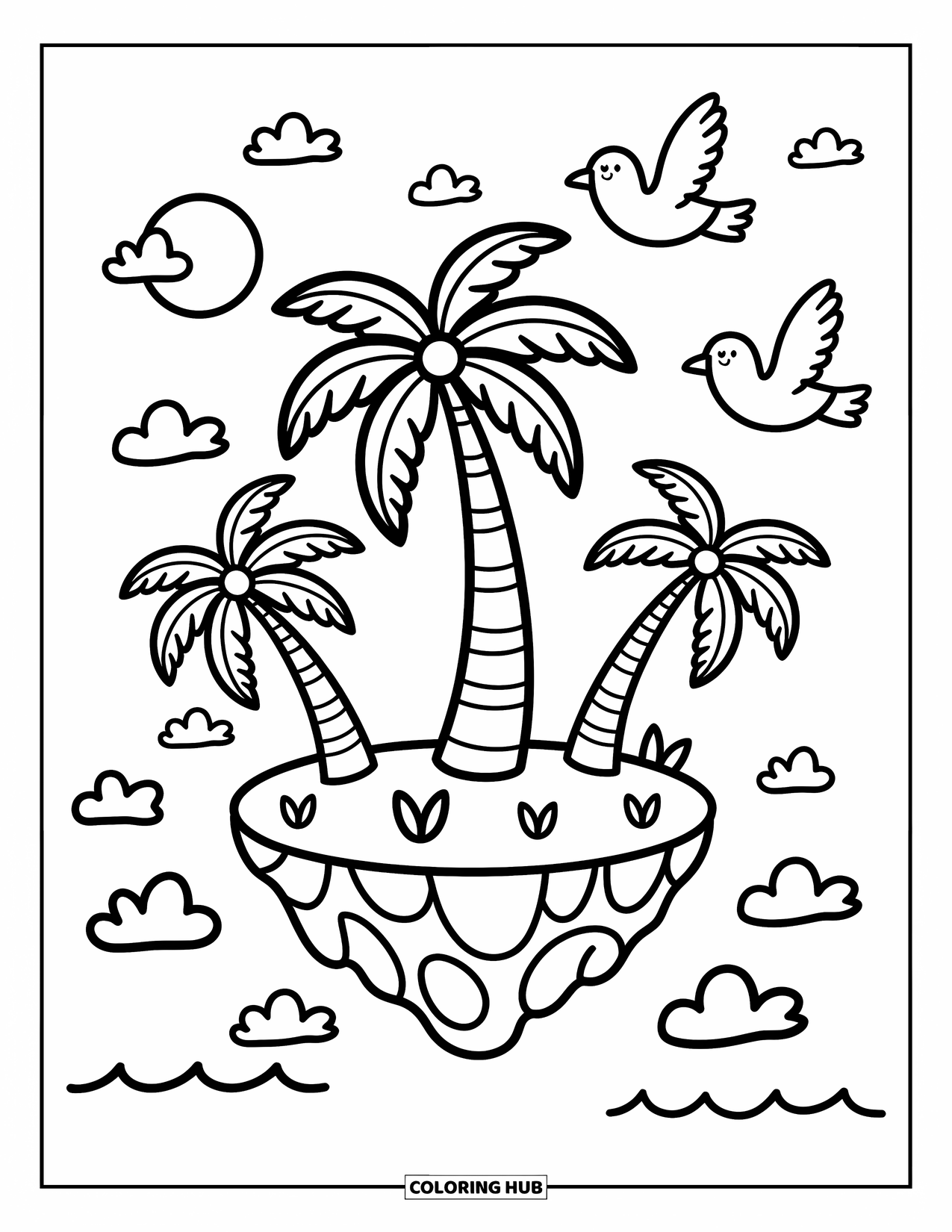 Palm Tree Coloring Page for Adults: Three palm trees on an island with a moon, clouds, and happy seagulls