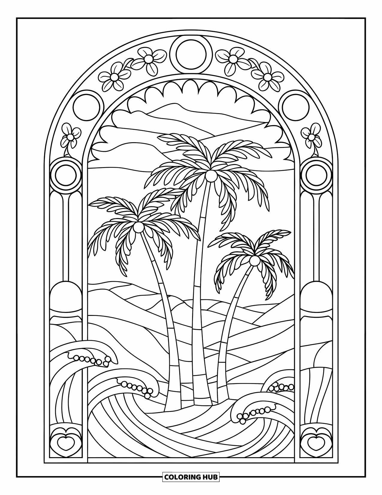 Palm Tree Coloring Page for Adults: Three palm trees outlined in stained glass with ocean, flowers, and sky