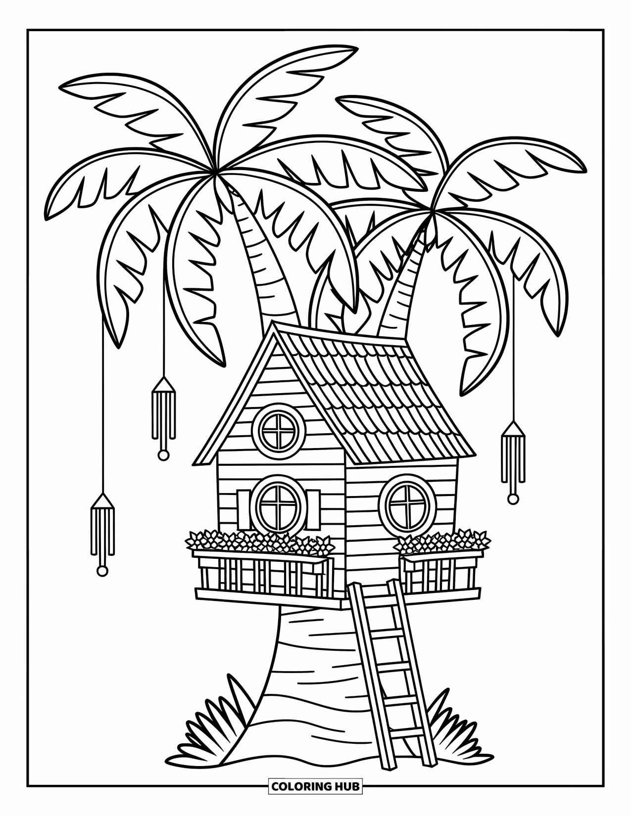 Palm Tree Coloring Page for Adults: Tiny treehouse with a ladder and flowers nestled in palm trees