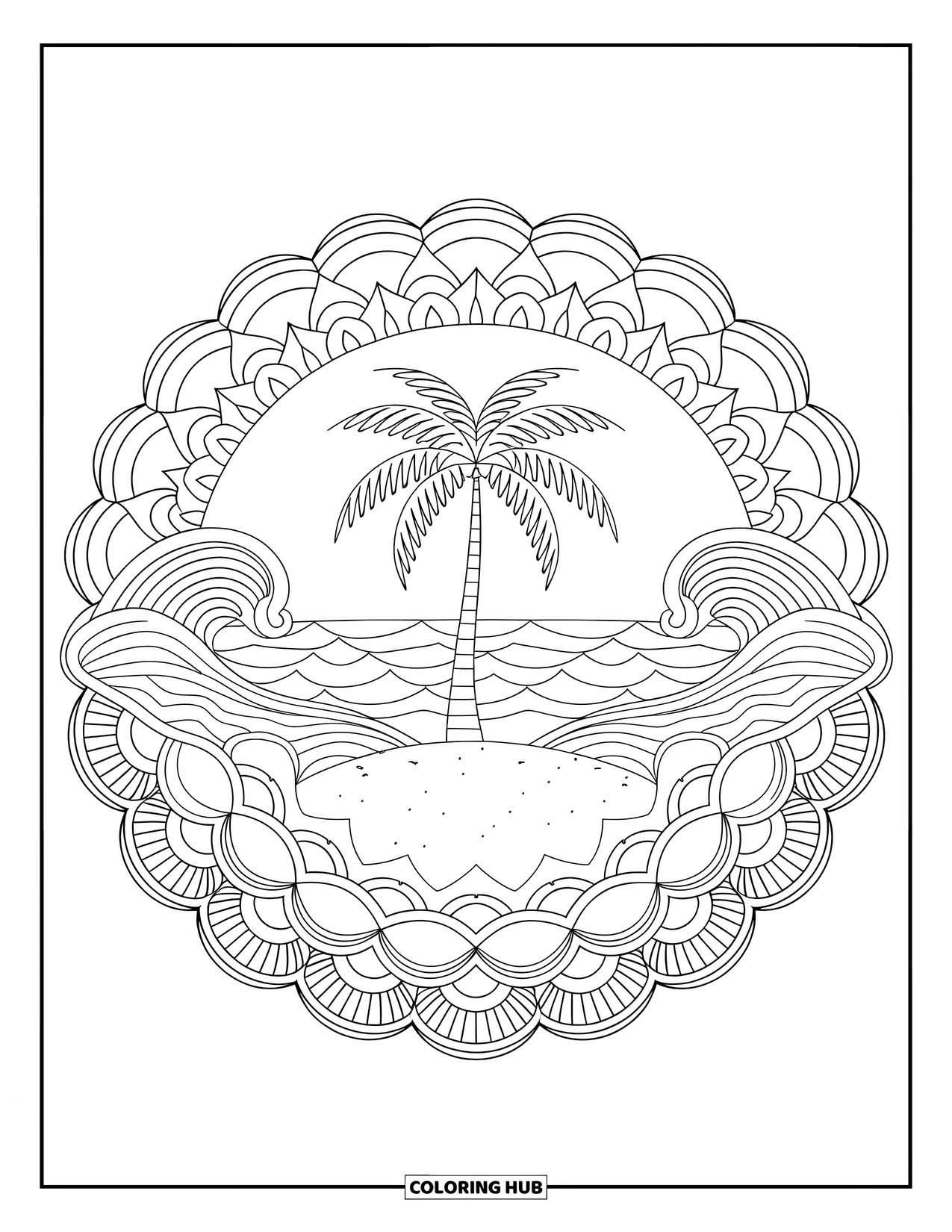Palm Tree Coloring Page for Adults: Tranquil palm tree encircled by ocean mandalas and a sandy base