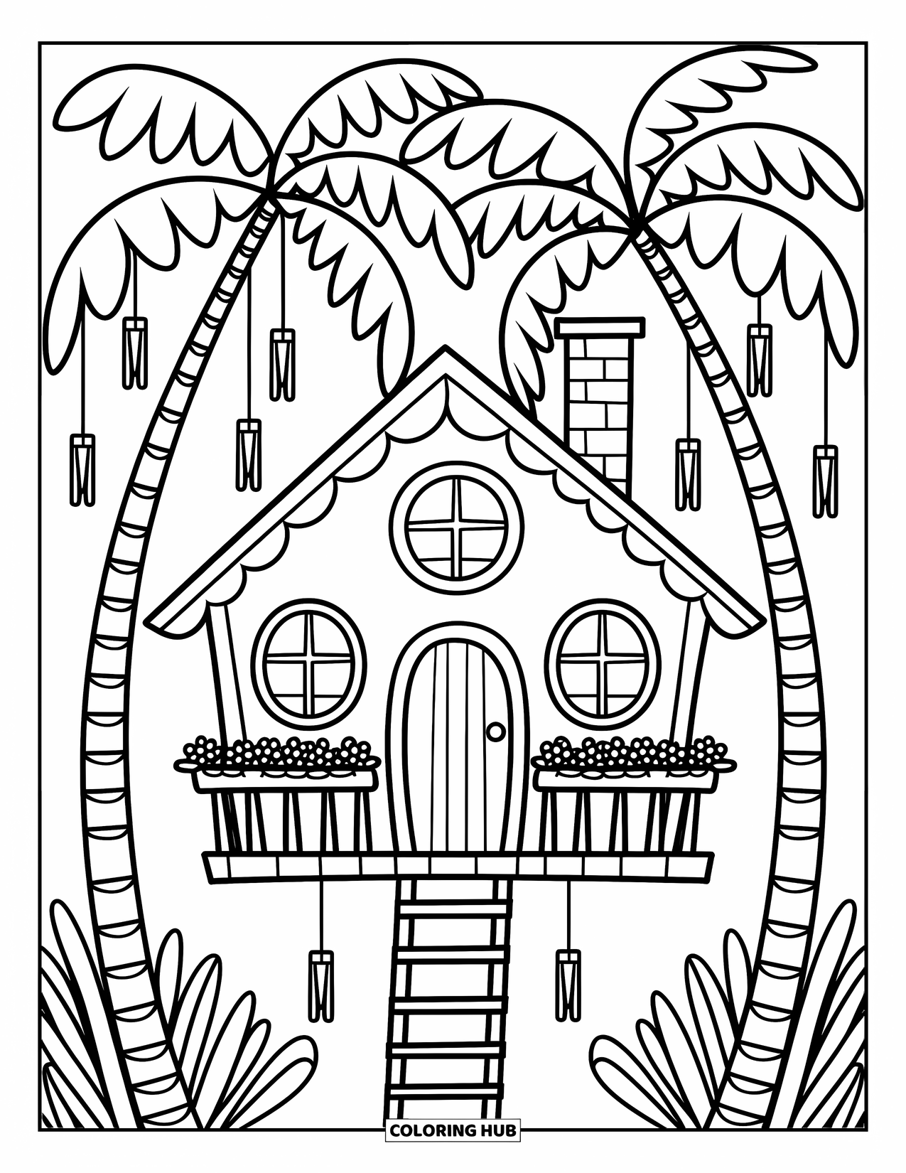 Palm Tree Coloring Page for Adults: Treehouse tucked between two tall palm trees with flowers and wind chimes