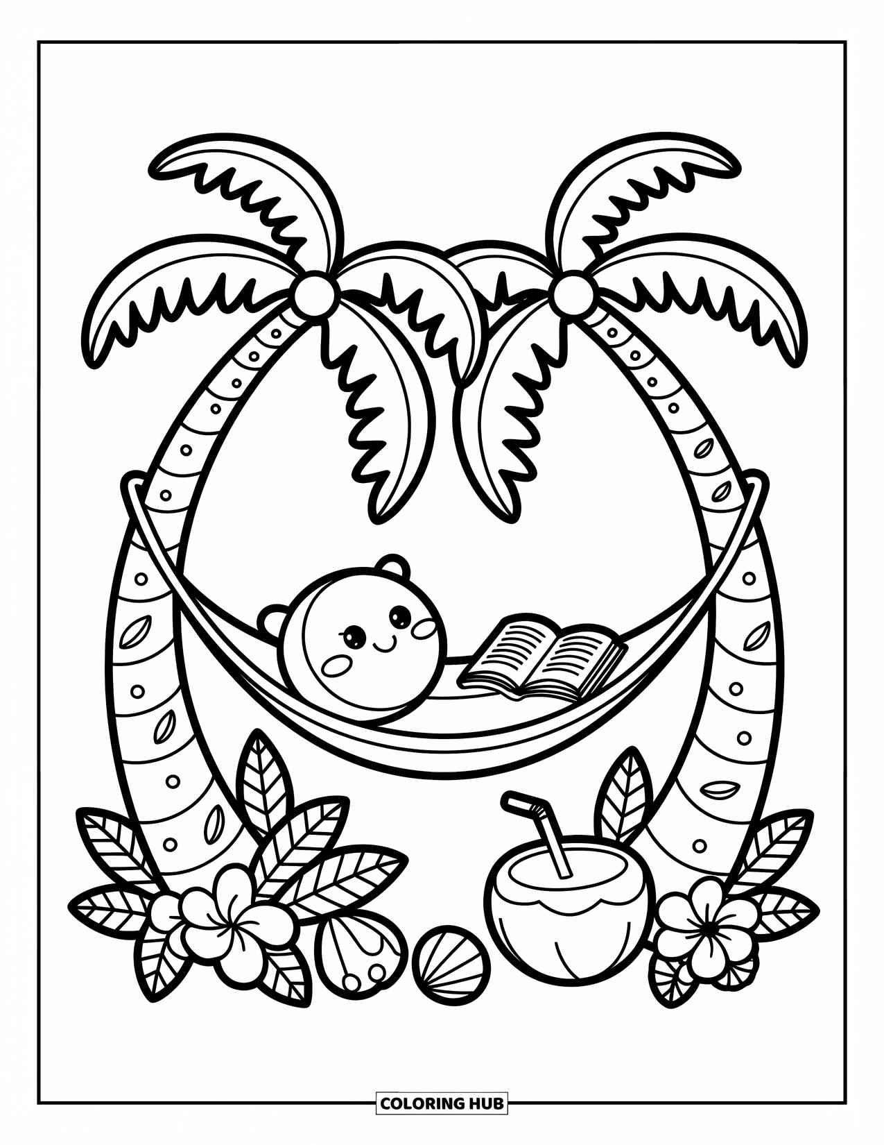 Palm Tree Coloring Page for Adults: Two palm trees with a cozy hammock, pillow, flowers, and tropical doodles