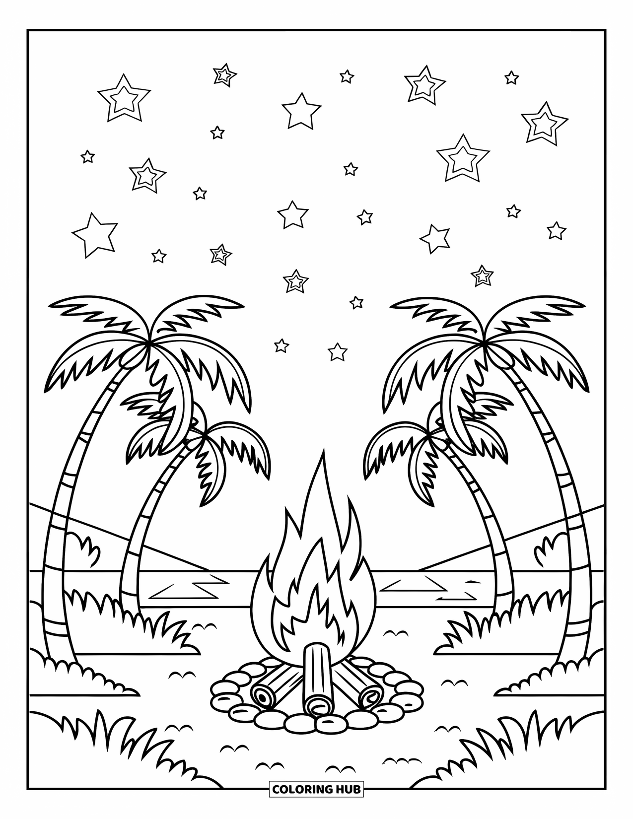 Palm Tree Coloring Page for Kids: A cozy beach campfire with palm trees, logs, and stars above