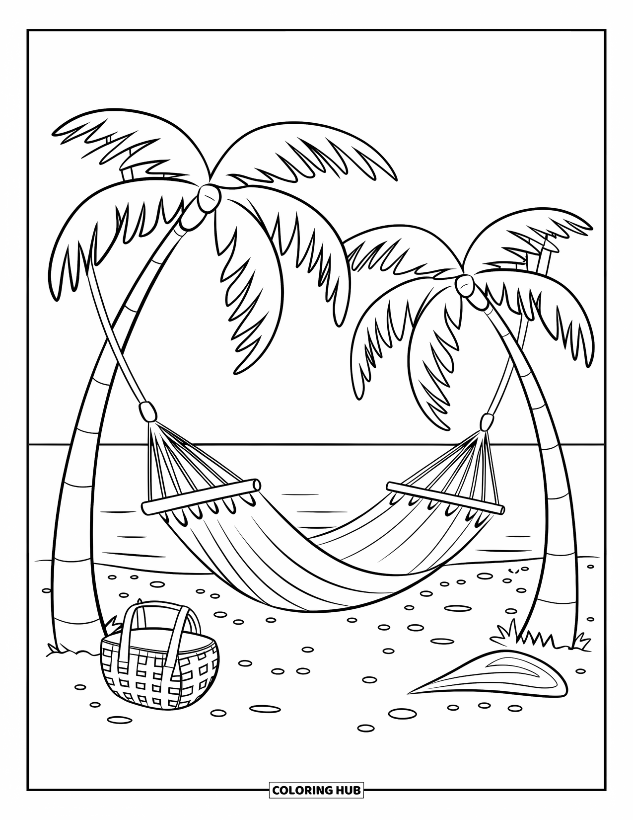 Palm Tree Coloring Page for Kids: Beach hammock between palm trees with a picnic basket and ocean view