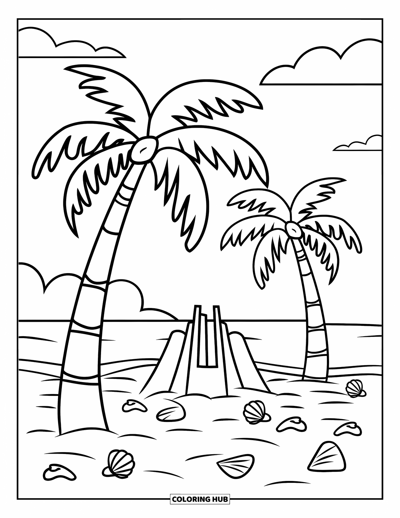 Palm Tree Coloring Page for Kids: Beach scene with two palm trees, a sandcastle, and scattered seashells