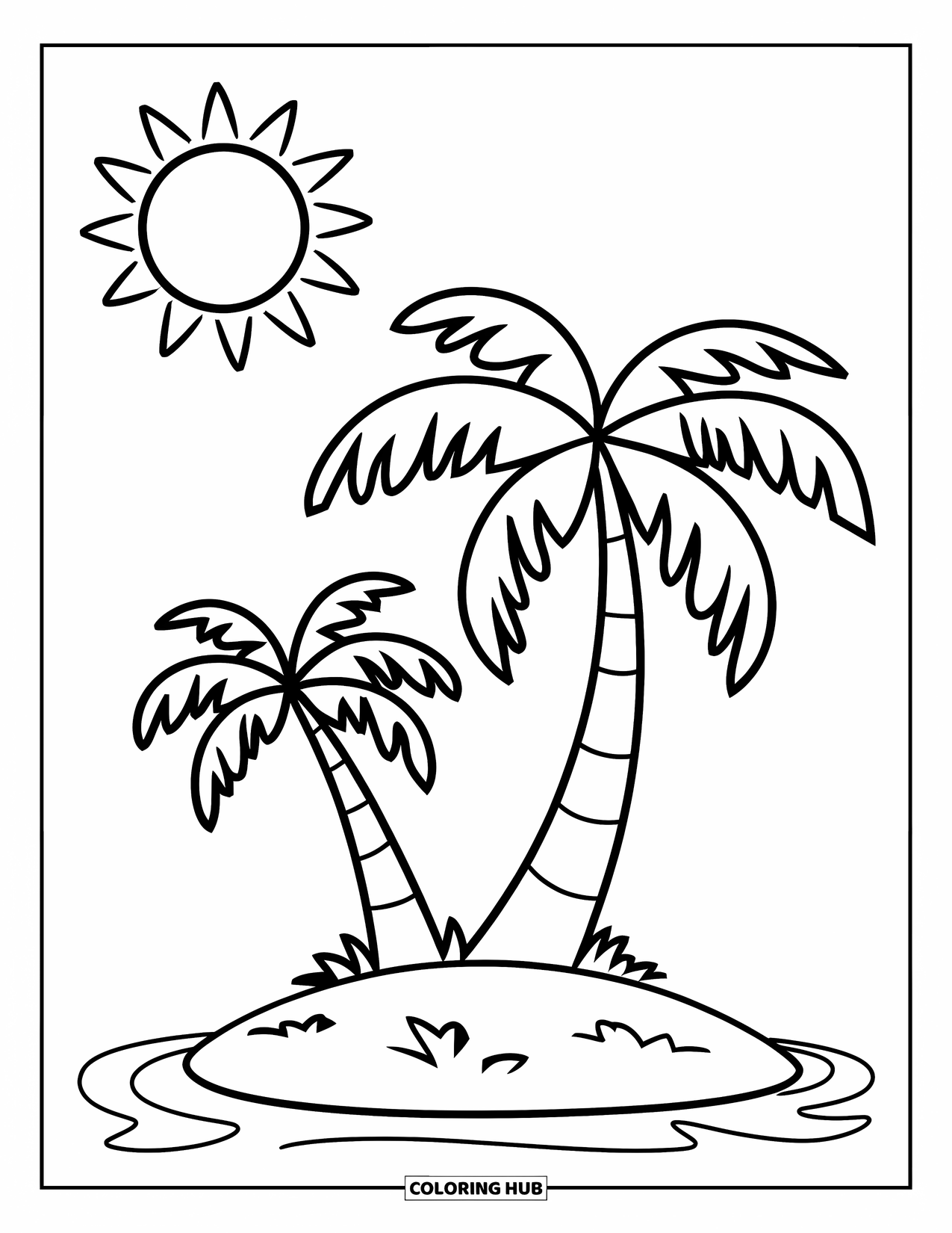 Palm Tree Coloring Page for Kids: Big palm tree on a tiny island with a smiling sun in the sky
