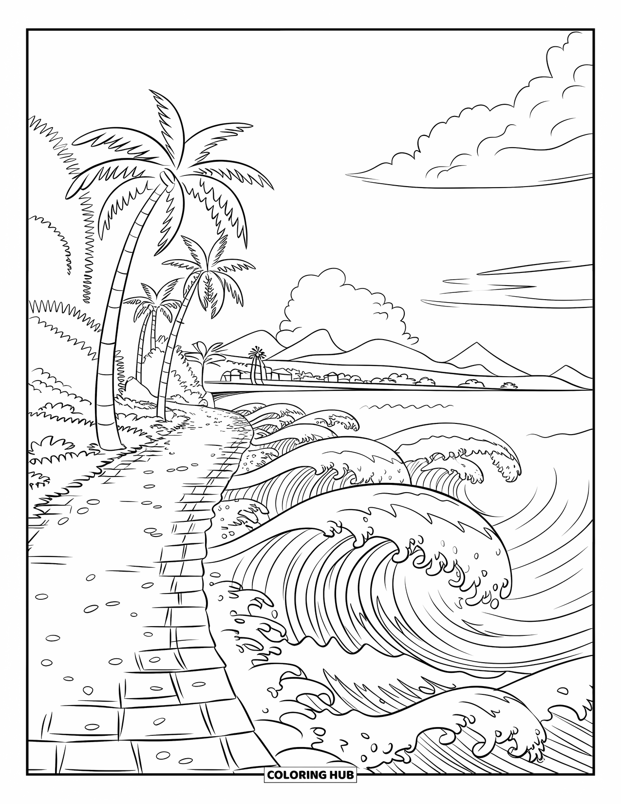 Palm Tree Coloring Page for Kids: Curved coastal path with palm trees and waves crashing near rocks and mountains