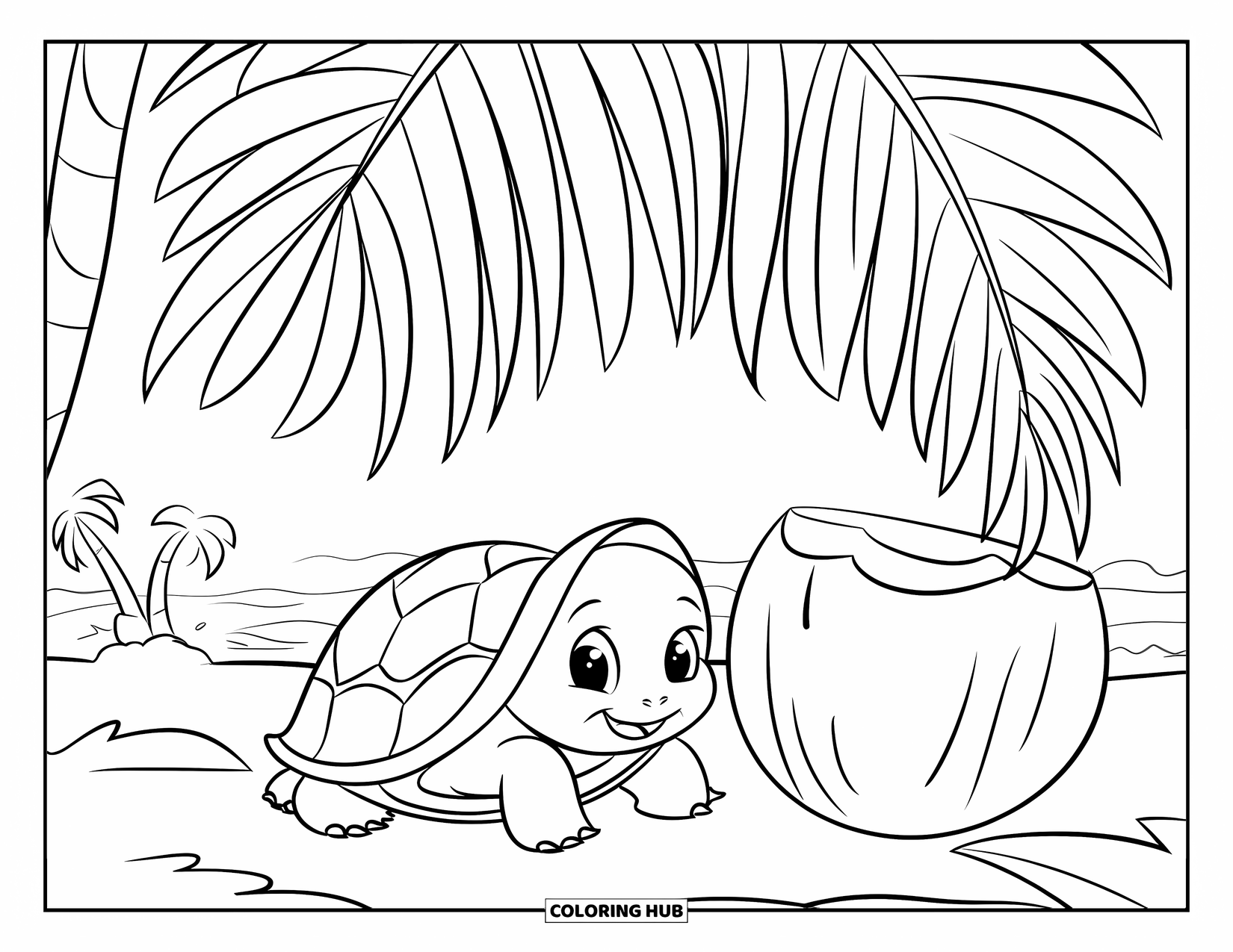 Palm Tree Coloring Page for Kids: Cute baby turtle under a palm tree with a big coconut nearby