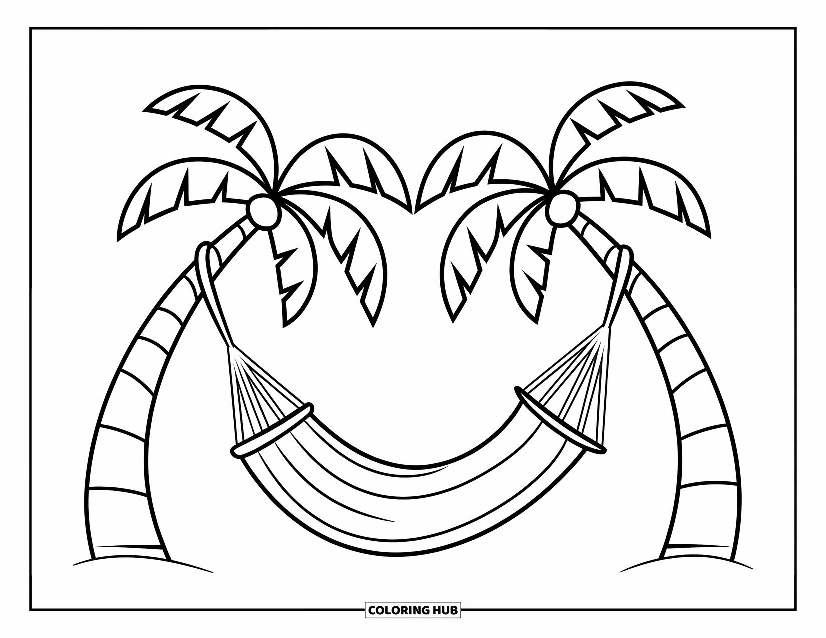 Palm Tree Coloring Page for Kids: Empty hammock tied between palm trees on a peaceful beach