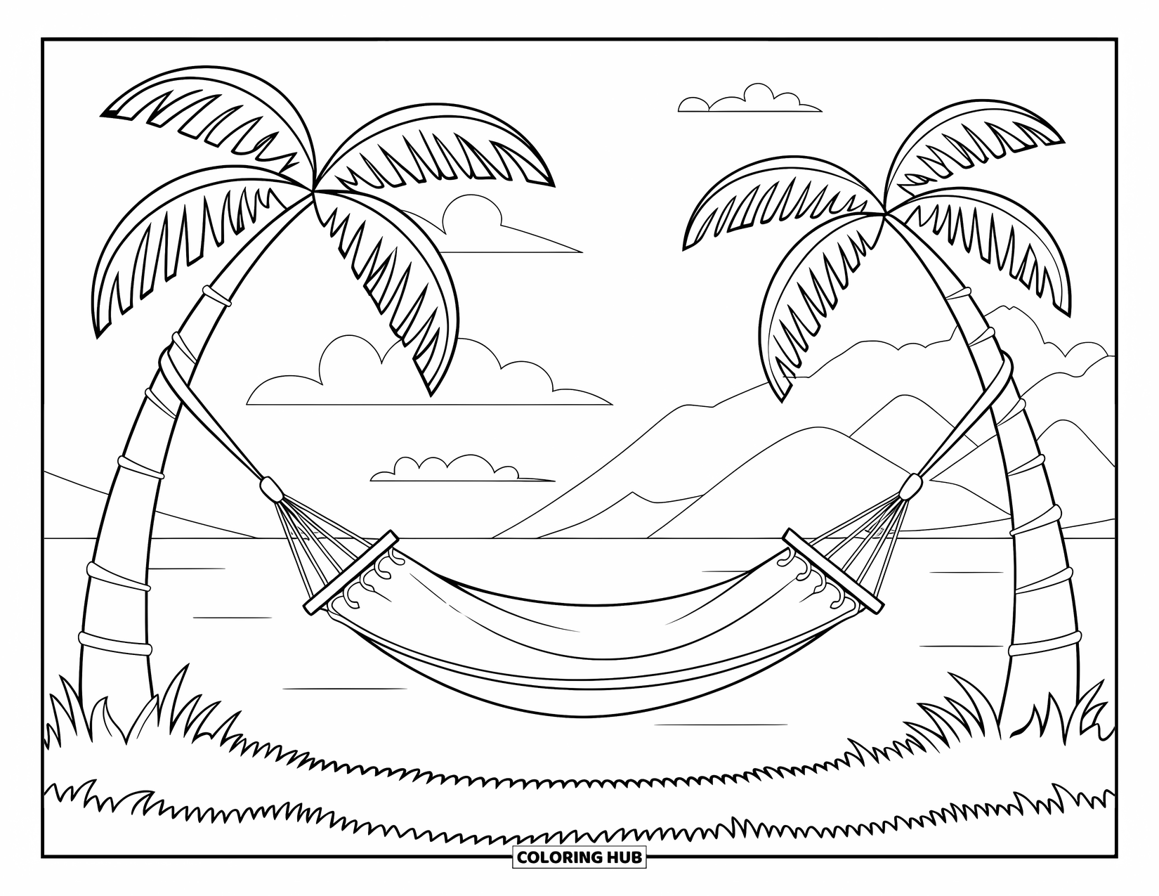 Palm Tree Coloring Page for Kids: Hammock between palm trees by the water with clouds and mountains behind