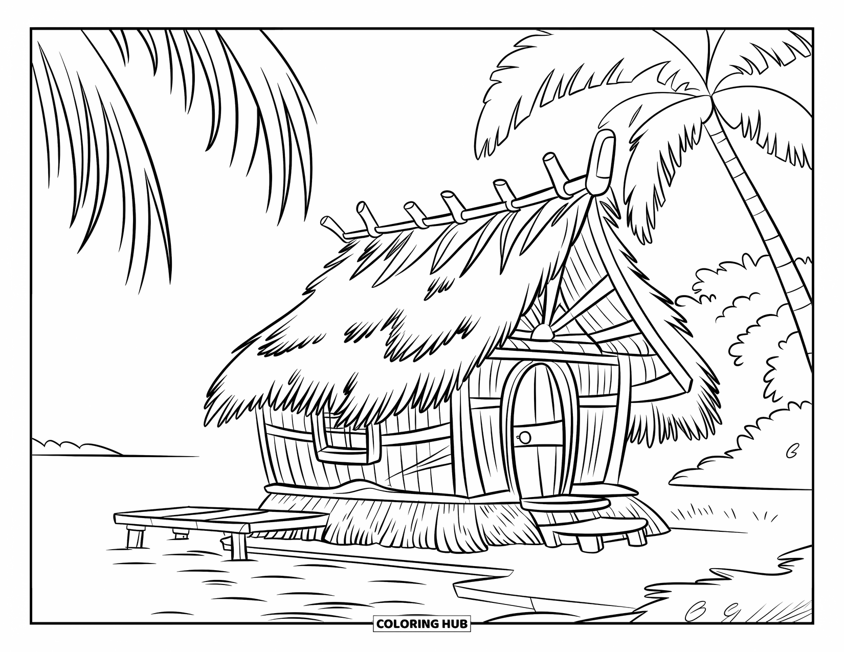 Palm Tree Coloring Page for Kids: Palm hut near the water with a dock, ladder, and a peaceful view