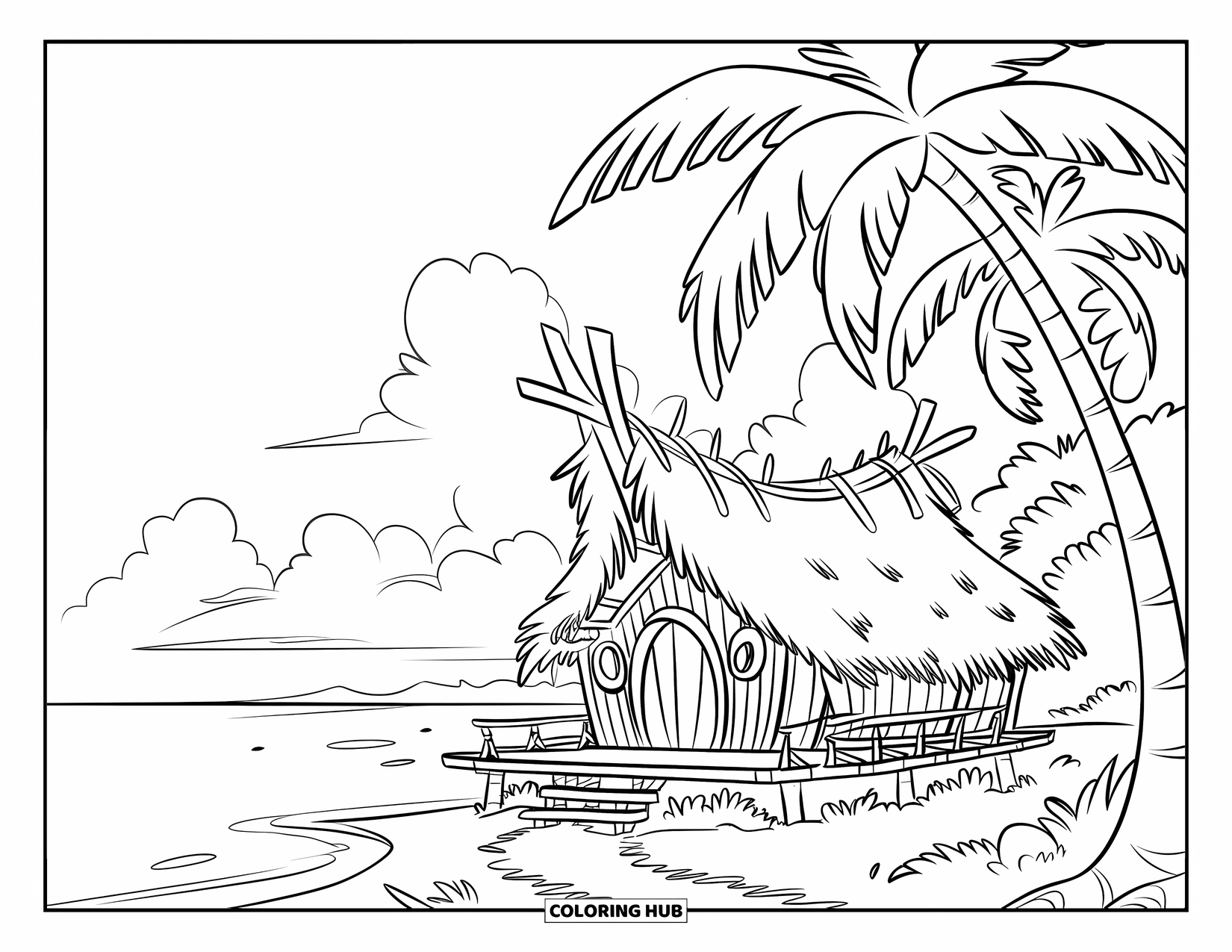 Palm Tree Coloring Page for Kids: Palm-leaf hut on stilts near the sea with swaying trees and fluffy clouds