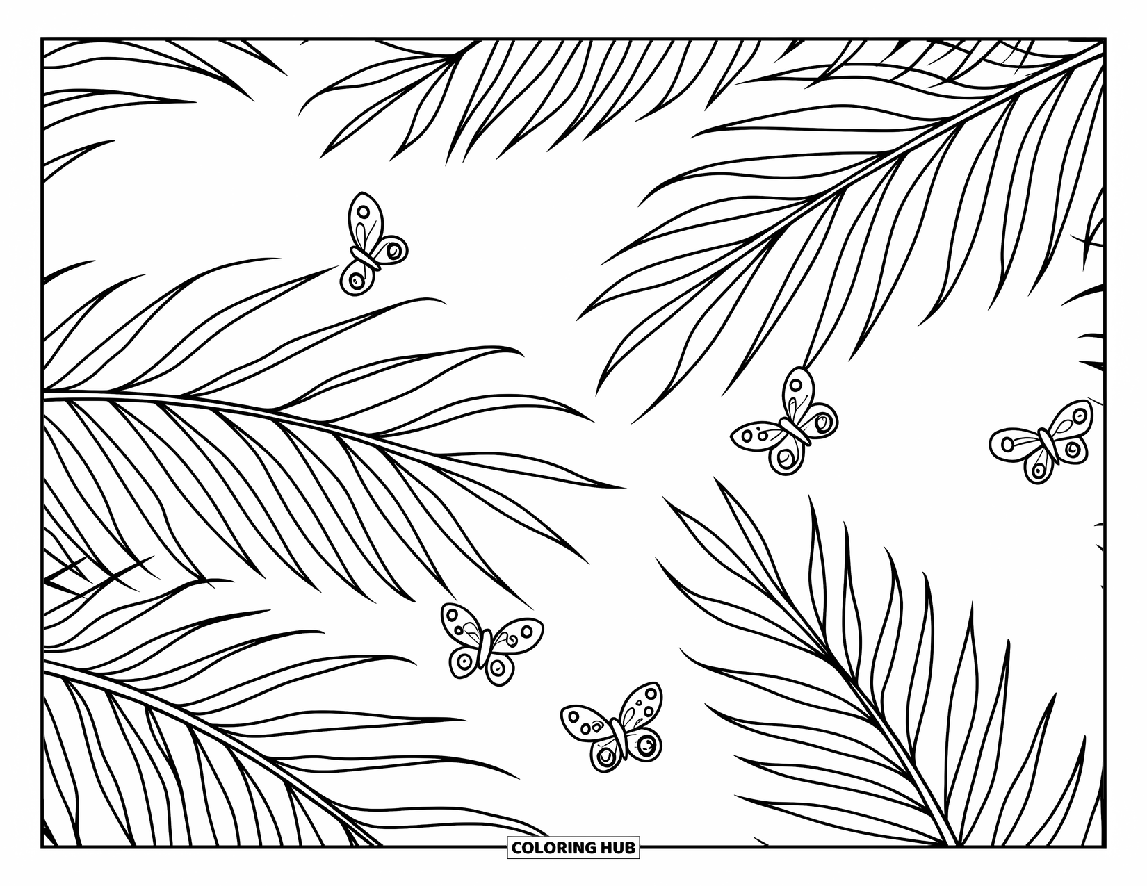 Palm Tree Coloring Page for Kids: Palm leaves and butterflies with bold outlines and peaceful spacing