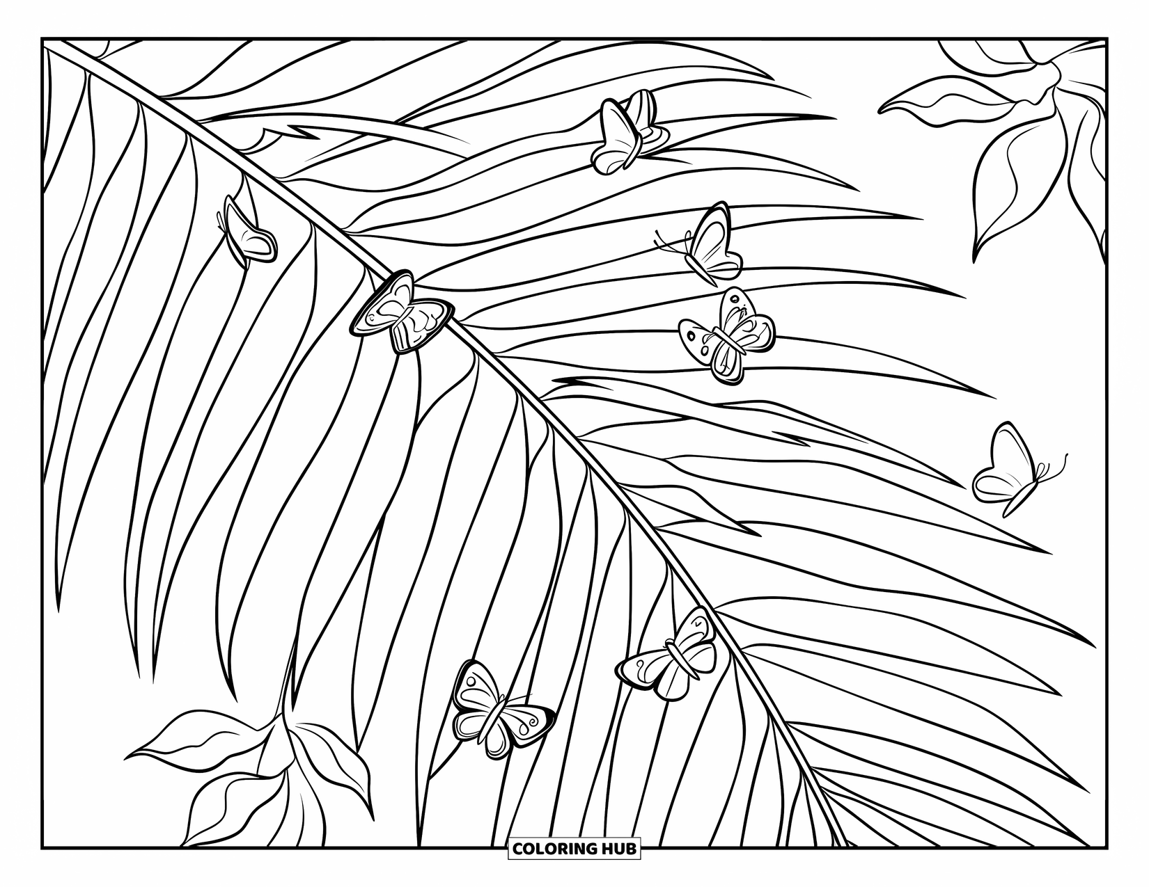 Palm Tree Coloring Page for Kids: Palm leaves with butterflies resting gently on a few fronds