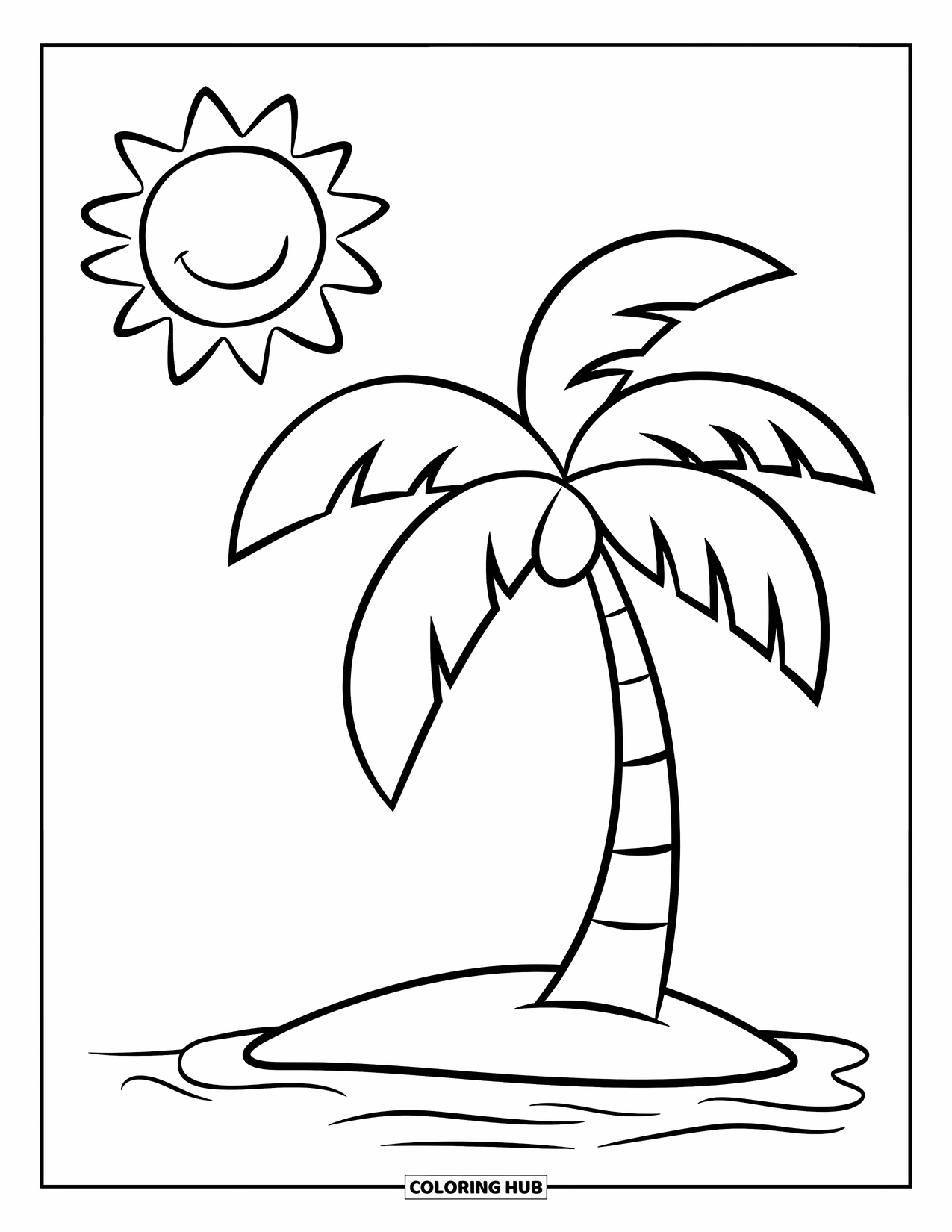 Palm Tree Coloring Page for Kids: Palm tree and cheerful sun on a tiny island made for fun coloring